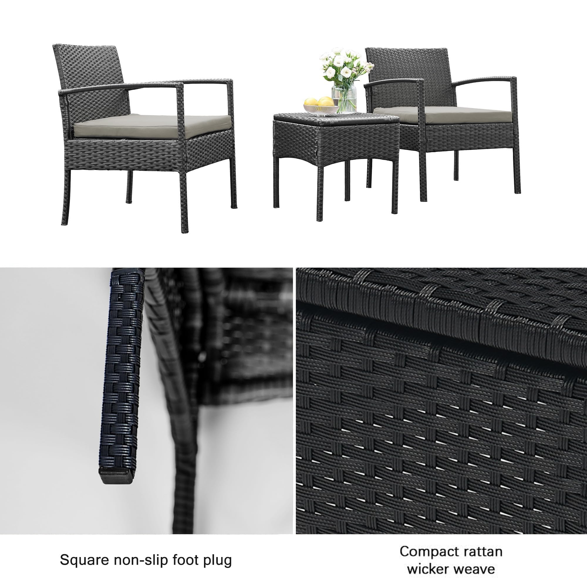 PROHIKER 3-Piece Patio Rattan Chair Set, Outdoor Wicker Conversation Furniture for Garden, Porch, Balcony & Yard - Gray - Perfect for Relaxing, Entertaining & Outdoor Dining