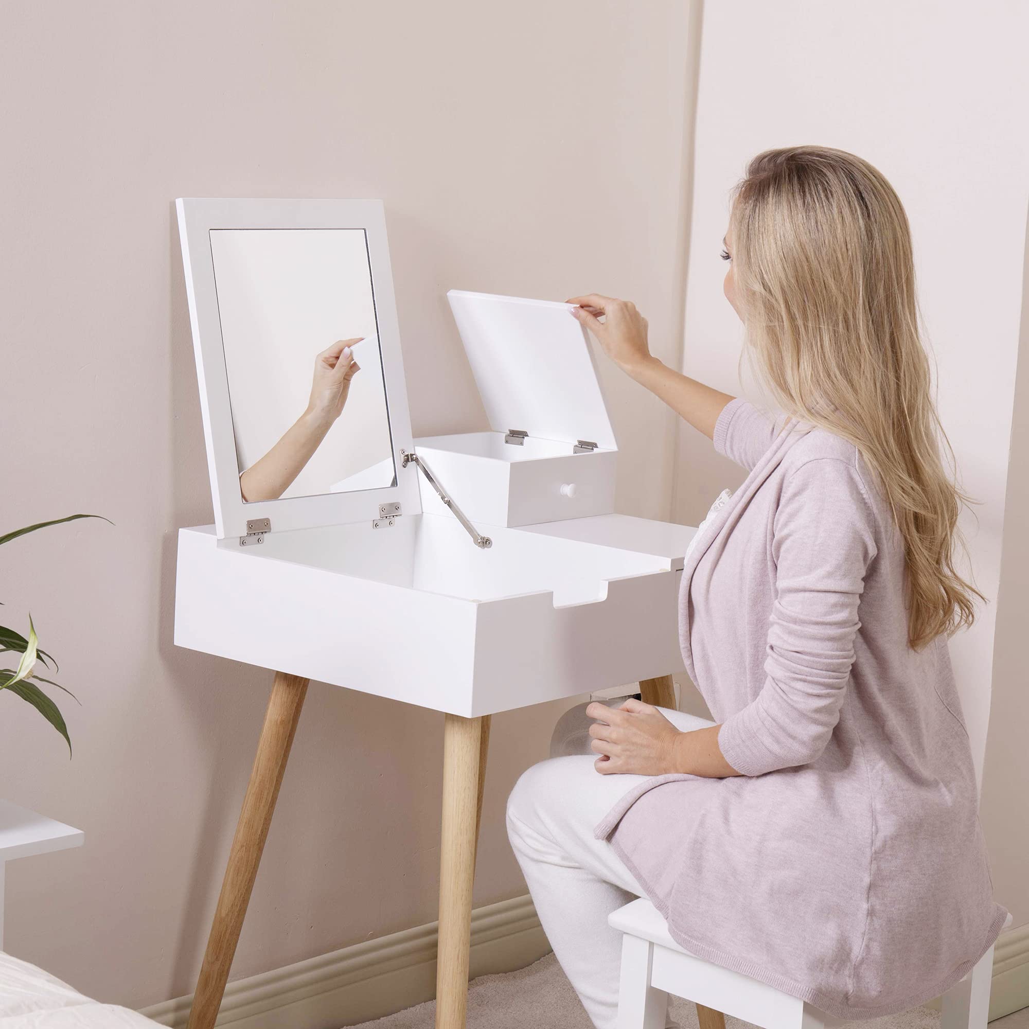 Modern White Makeup Vanity Table with Flip Top Mirror & 2 Drawers - HomVent Dressing Desk for Girls Bedroom (23.6