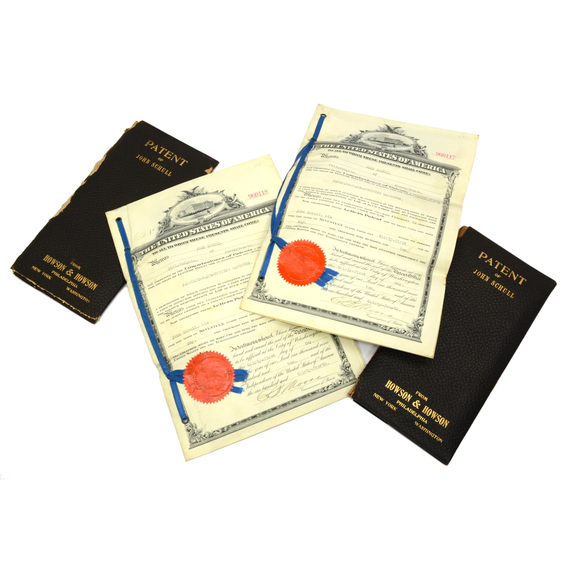 Vintage 1910 John Schull Jacquard Card Cutting Machine Patent Documents - Lot of 2 Antique Collectibles for Textile Machinery History Buffs & Industrial Decor
