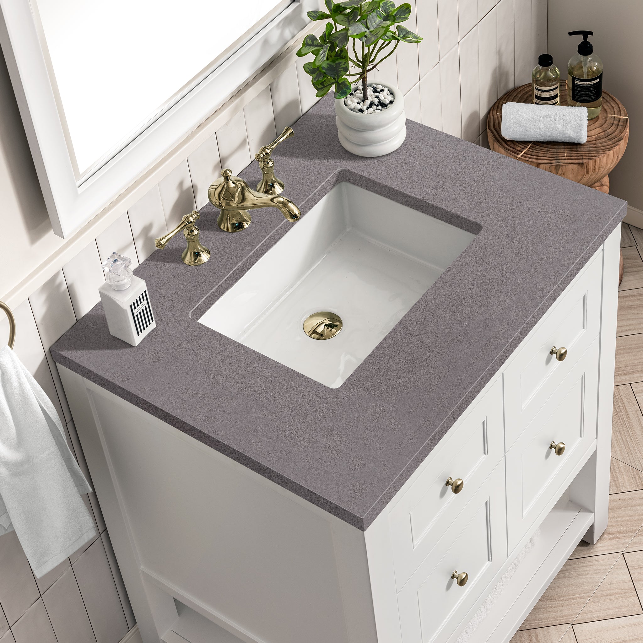 Breckenridge 30 Inch Single Bathroom Vanity Set in Bright White with 3CM Grey Expo Top - Perfect for Modern Home Bathroom Renovation and Upgrade