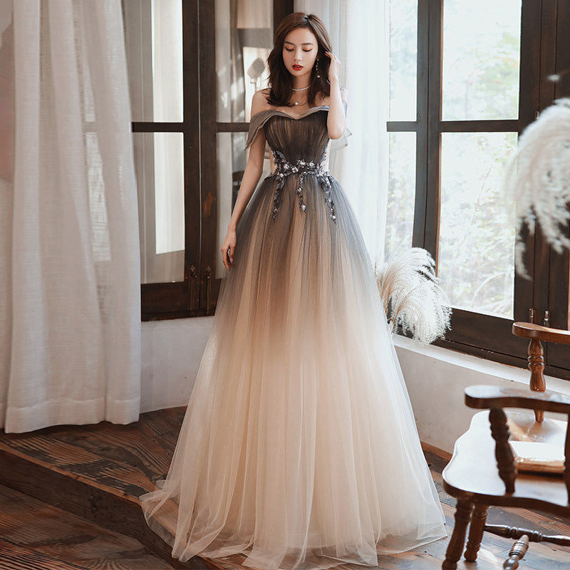 Gradient Coffee Off Shoulder Tulle Prom Dress - A-Line Long Evening Party Gown for Homecoming, Wedding, Quinceañera & Formal Events