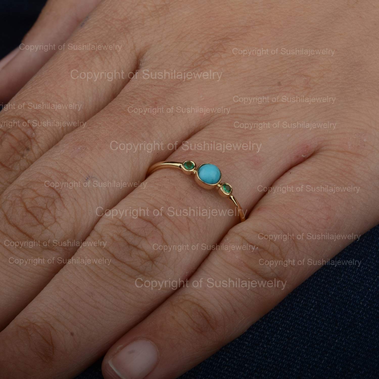 14K Solid Yellow Gold Sleeping Beauty Turquoise & Emerald Wedding Band Ring - Handmade Minimalist Jewelry for Women - Perfect for Anniversaries, Engagements & Special Occasions