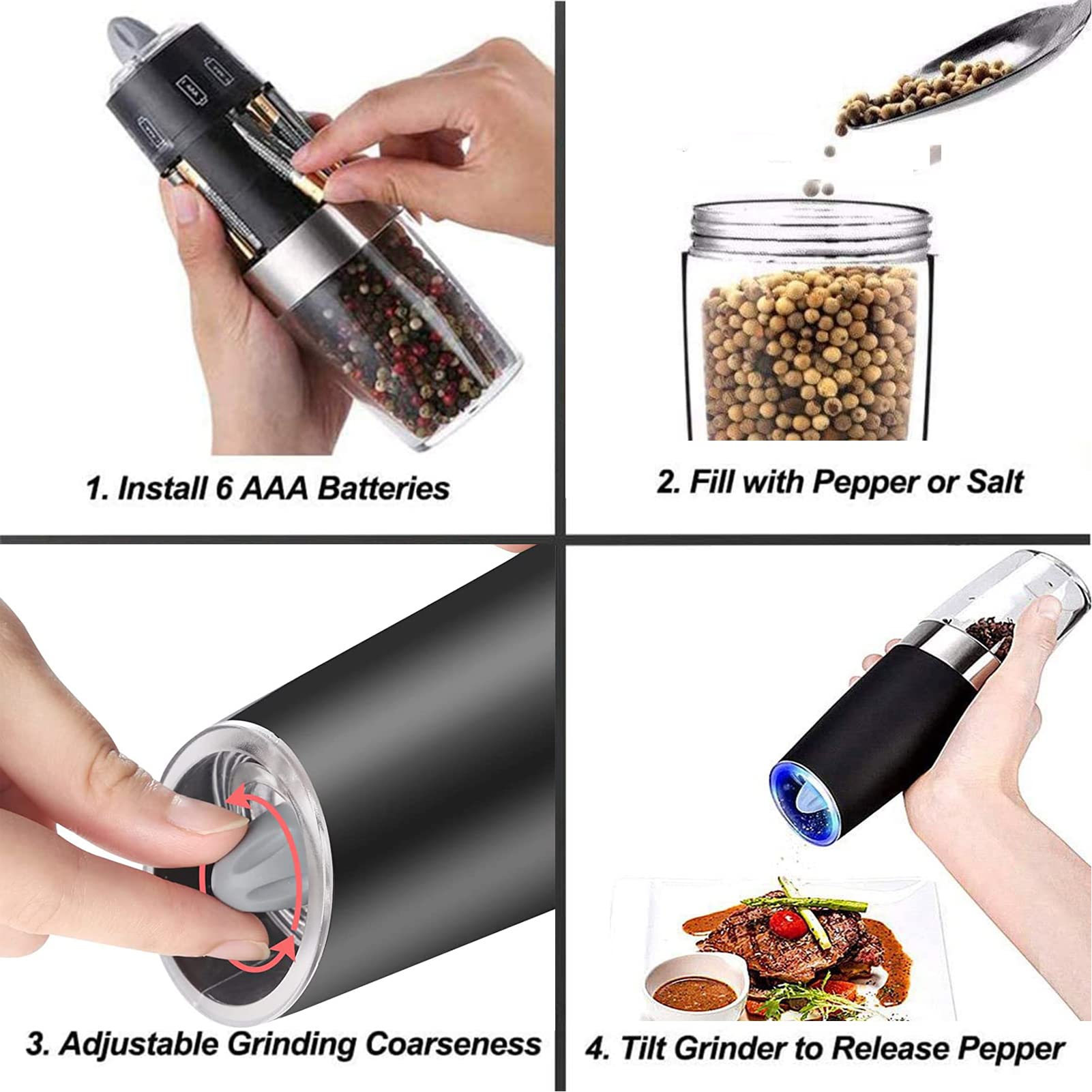 DLD Battery Operated Electric Pepper and Salt Grinder Set - Adjustable Coarseness, One-Handed Operation with Utility Brush, Stainless Steel Design [White Light] - Perfect for Kitchen, Dining Table, Camping & Gifts