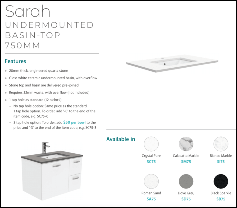 Fienza Crystal Pure SC75XR 750mm Undermount Stone Top Bathroom Vanity with Right Drawers - Modern Wall Hung Vanity Unit for Small Bathroom, Powder Room & Guest Bath Installation