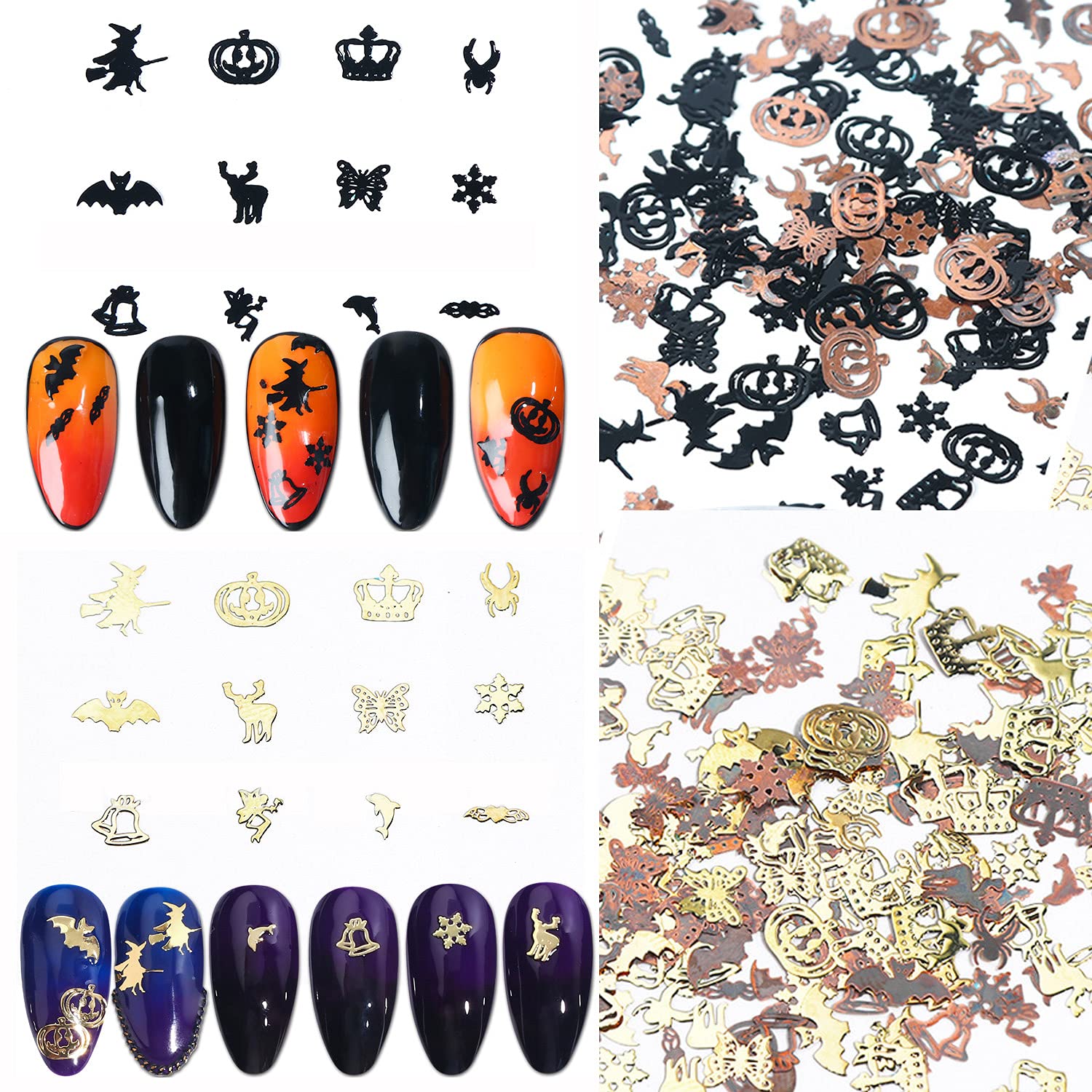 Halloween 3D Nail Art Glitter Sequins - Holographic Day of The Dead Laser Sparkly Flakes, Bat Witch Pumpkin Elk Snowflake Nail Decorations for Nail Stickers - Perfect for Halloween Parties, Nail Salon Designs & Holiday Nail Supplies (3 Boxes)