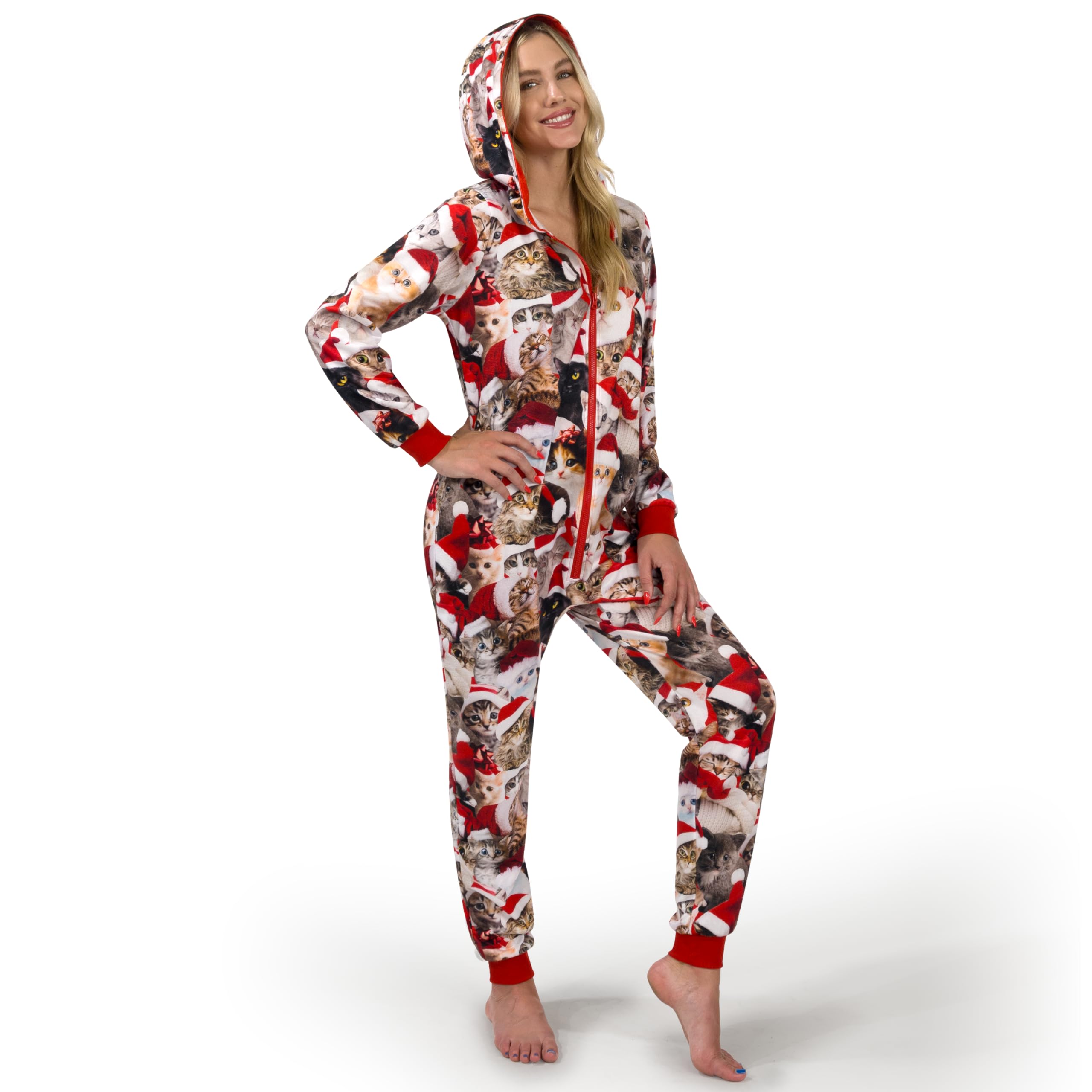Cozy Cat Print Christmas Pajamas for Adults - Soft Fleece Hooded Pajama Set with Pockets | Perfect for Holiday Parties, Family Gatherings & Winter Lounging