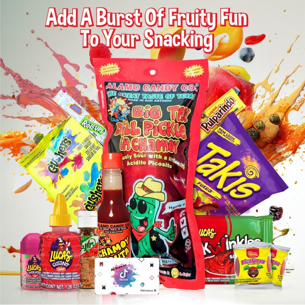 Chamoy Pickle Kit with Takis Fuego, Fruit Roll-Ups & Gushers - Mexican Candy Snack Box with Tajin Seasoning, Pulparindo & Skwinkles - TikTok Viral Trend Items for Parties, Gifts & Movie Nights