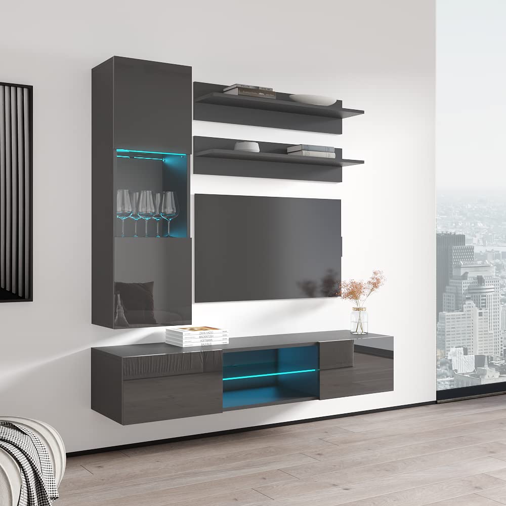 Modern Wall-Mounted TV Stand with Storage Shelves & LED Lights - 33