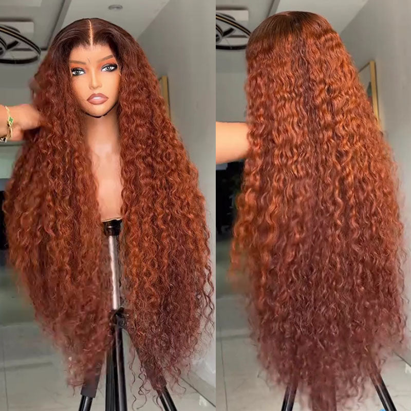 Eullair Dark Ginger Kinky Curly Lace Frontal Wig with Dark Brown Roots - Pre-Colored Glueless Human Hair Wig for Women | Natural Look for Parties, Weddings & Daily Wear