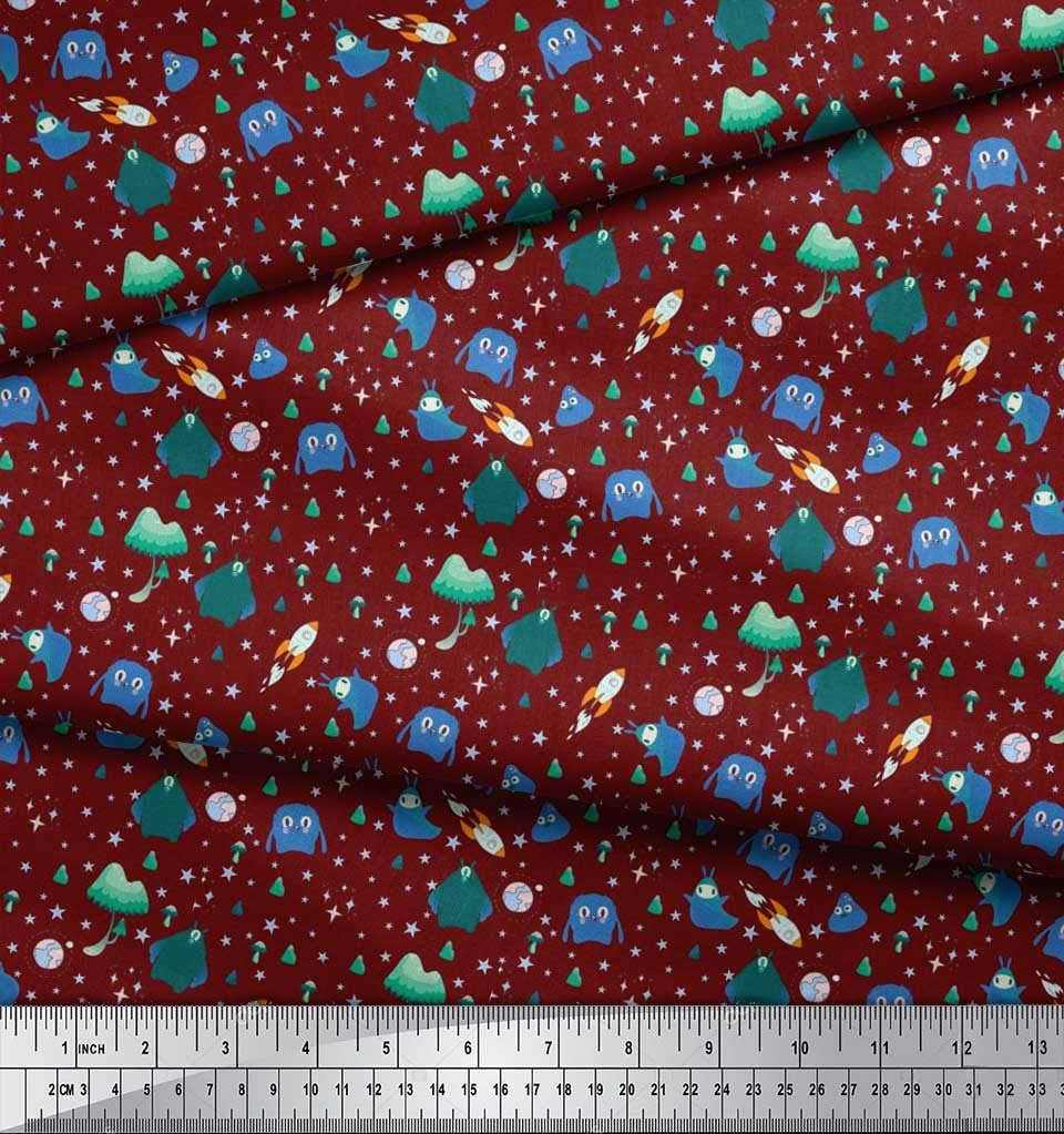Soimoi 100% Cotton Voile Fabric - Red Star Planet Alien Cartoon Print - 42 Inch Wide by The Yard - Lightweight Soft Material for DIY Dresses, Curtains, Quilting & Craft Projects - Galactic Space Adventure Theme Textile