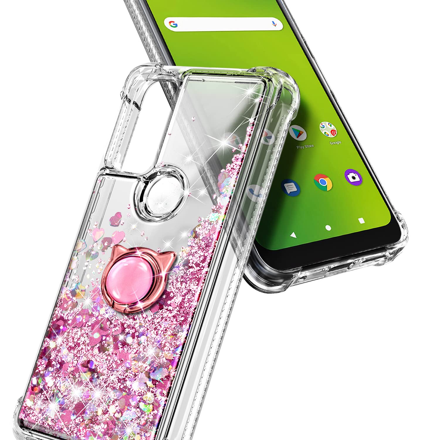 Sparkle Glitter Liquid Cute Phone Case for AT&T Radiant Max 5G, Cricket Dream 5G, AT&T Fusion 5G & Innovate 5G - Rose Gold with Tempered Glass Screen Protector, Ring Holder & Wrist Strap - Perfect for Everyday Use, Parties & Gift Giving