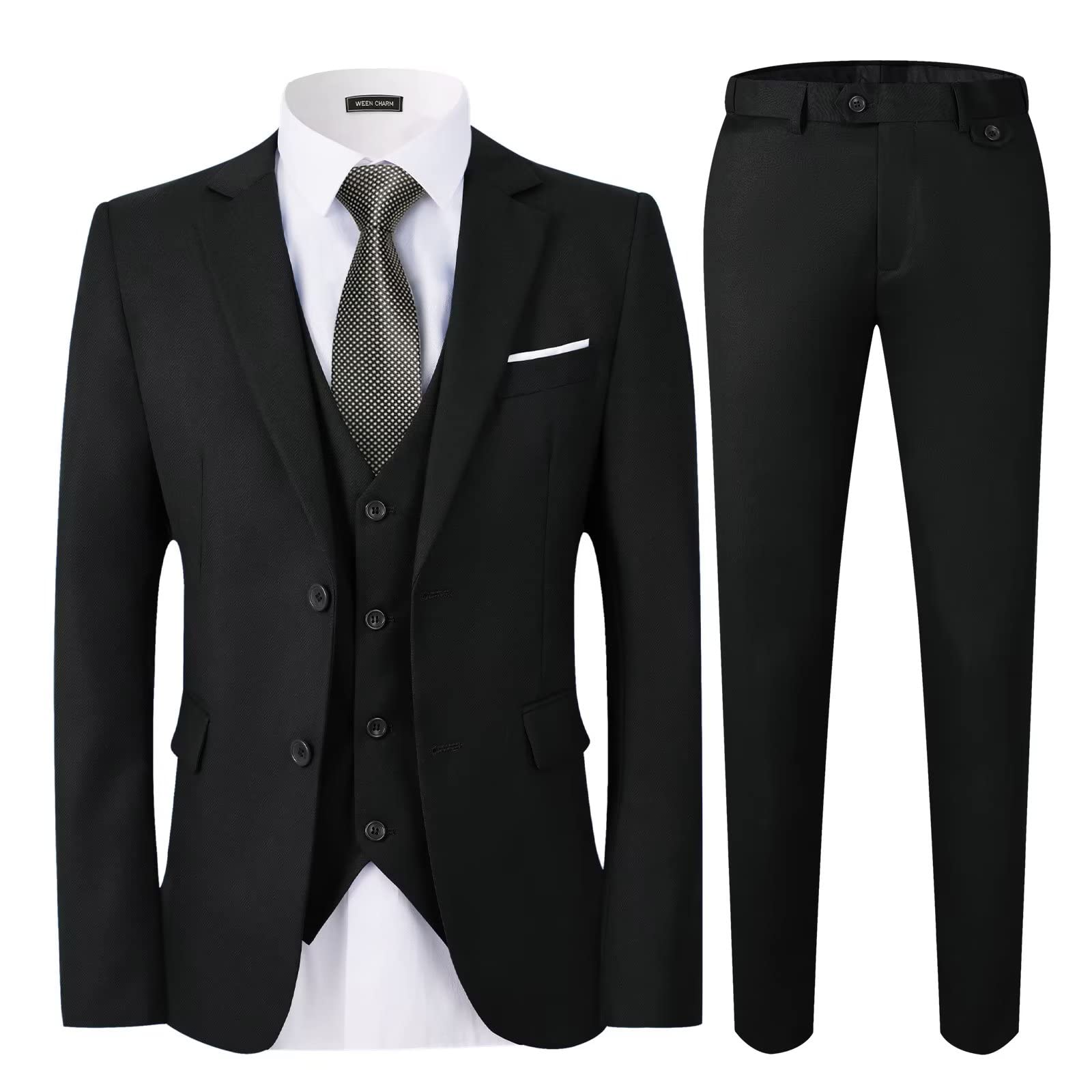 WEEN CHARM Men's Slim Fit 3-Piece Suit Set - 2 Button Blazer, Vest & Pants with Tie - Formal Tuxedo for Weddings, Business & Special Occasions