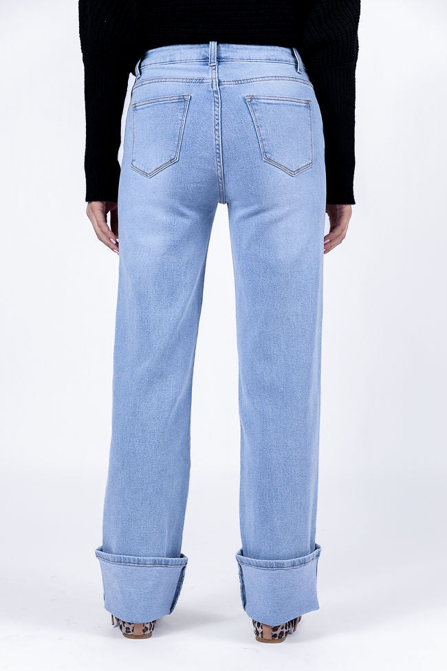 Camila Light Wash Wide Leg Cuffed Jeans for Women - High Waist Distressed Denim Pants - Casual & Chic Outfit for Streetwear, Date Night, and Everyday Wear