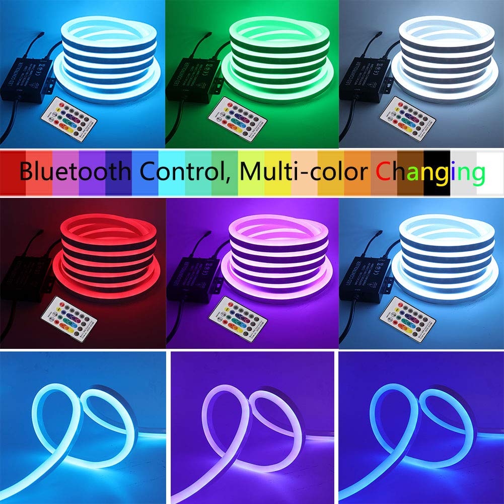 XUNATA 30ft RGB LED Neon Rope Light with Bluetooth Remote Control - 5050 60 LEDs/m, Dimmable, Waterproof IP65, 110-130V AC - Perfect for Commercial Buildings, Outdoor Decor, Bars, and Party Lighting (9m)