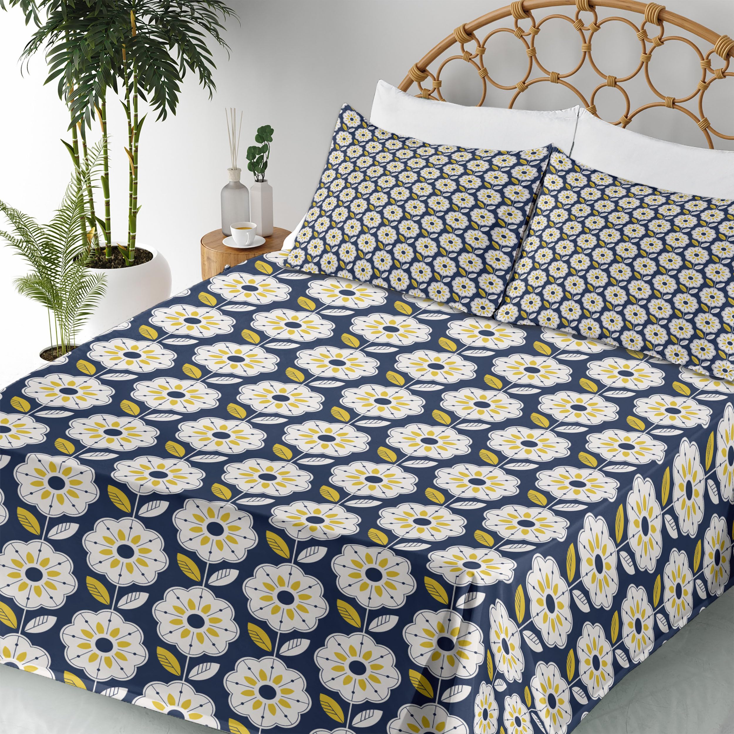 Ambesonne Floral King Sheet Set - Scandinavian Style 8-Petal Flower Design, 4-Piece Bedding Set with Fitted Sheet, Flat Sheet & Pillowcases in Indigo Multicolor - Perfect for Master Bedroom, Guest Room & Vacation Homes