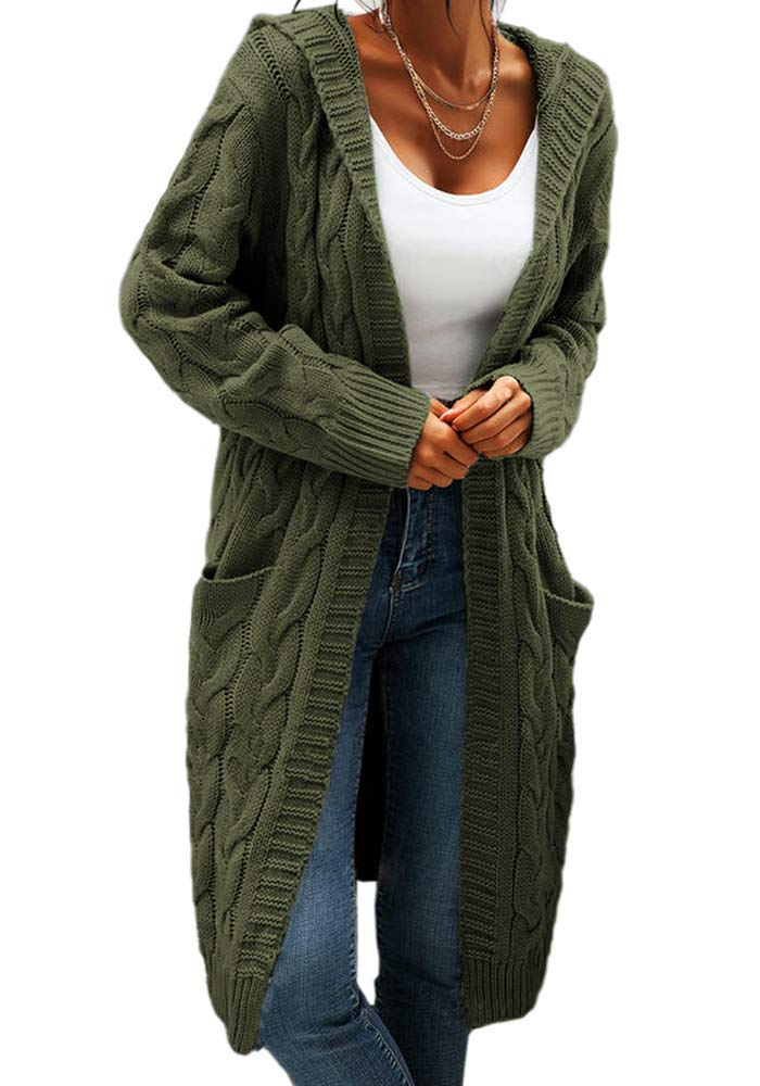 Women's Chunky Cable Knit Hooded Cardigan - Open Front Long Sweater Coat for Fall & Winter - Cozy Layering for Casual Outfits, Office Wear & Lounging at Home
