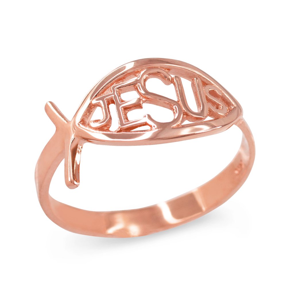 14K Rose Gold Jesus Ichthus Christian Fish Ring - Modern & Contemporary Religious Jewelry for Women - Perfect for Church, Weddings & Daily Wear