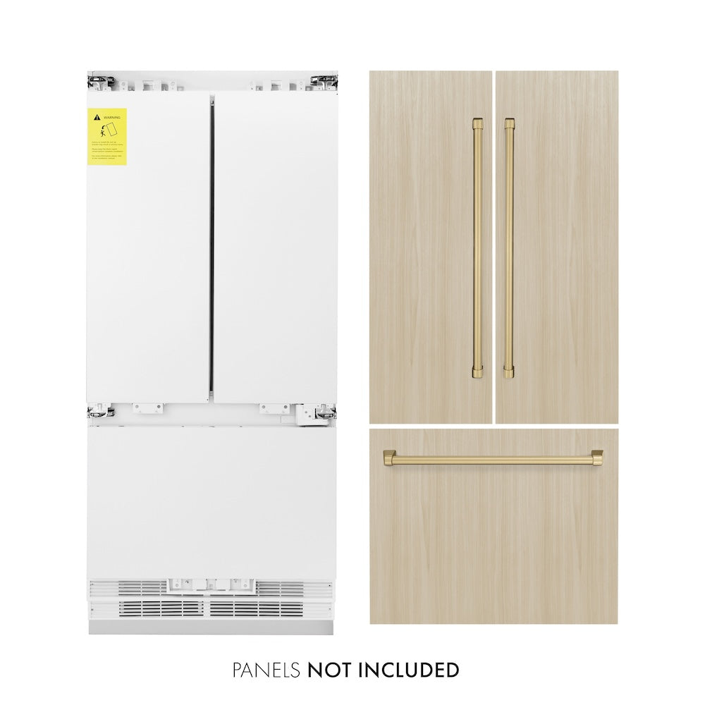 ZLINE Autograph Edition 36 Inch Panel Ready French Door Refrigerator - 19.6 cu ft Built-In Bottom Freezer with Ice Maker & Water Dispenser - Champagne Bronze Accents (RBIVZ 36 CB) - Perfect for Modern Kitchens, Luxury Homes & Gourmet Cooking Spaces