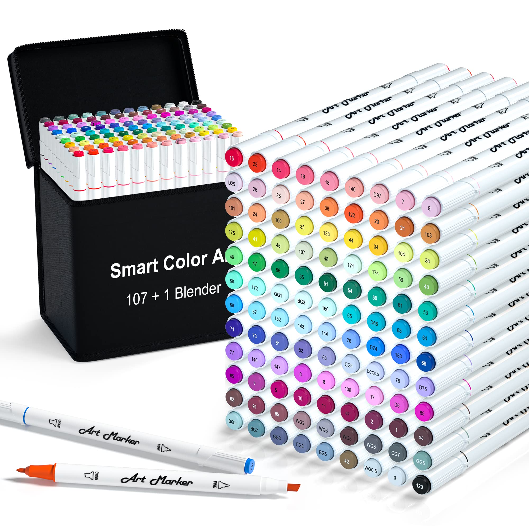 108 Pack Alcohol-Based Art Markers Set - 107 Dual Tip Permanent Markers + 1 Blender with Carrying Case | Vibrant Colors for Professional Drawing, Sketching, Bullet Journaling & Adult Coloring Books | Perfect Gift for Artists, Students & Kids