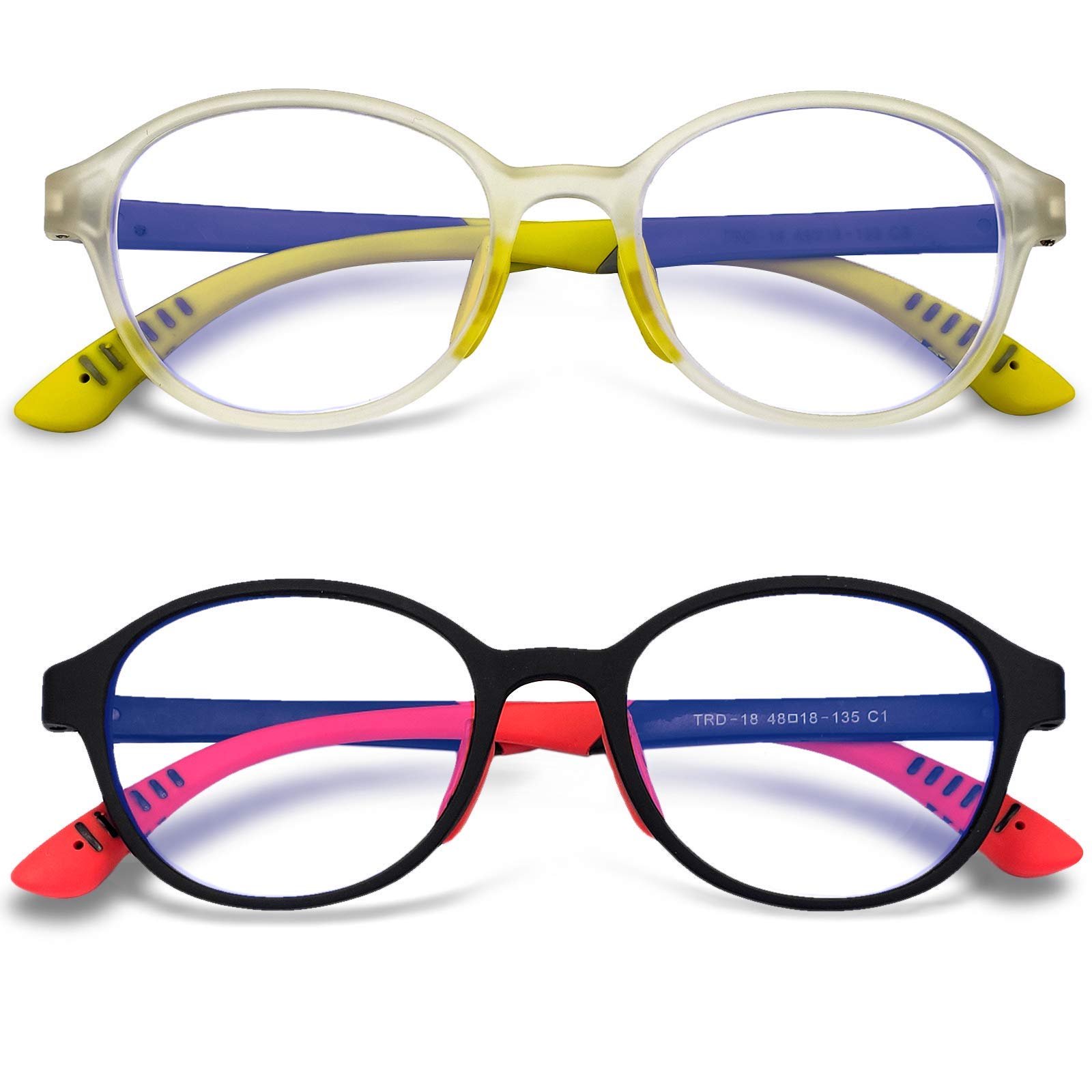 Gudzws Blue Light Blocking Glasses for Kids Unisex Age 5-14 | Round Frame Computer Glasses 2 Pack | Screen Time Protection for Online Classes & Gaming