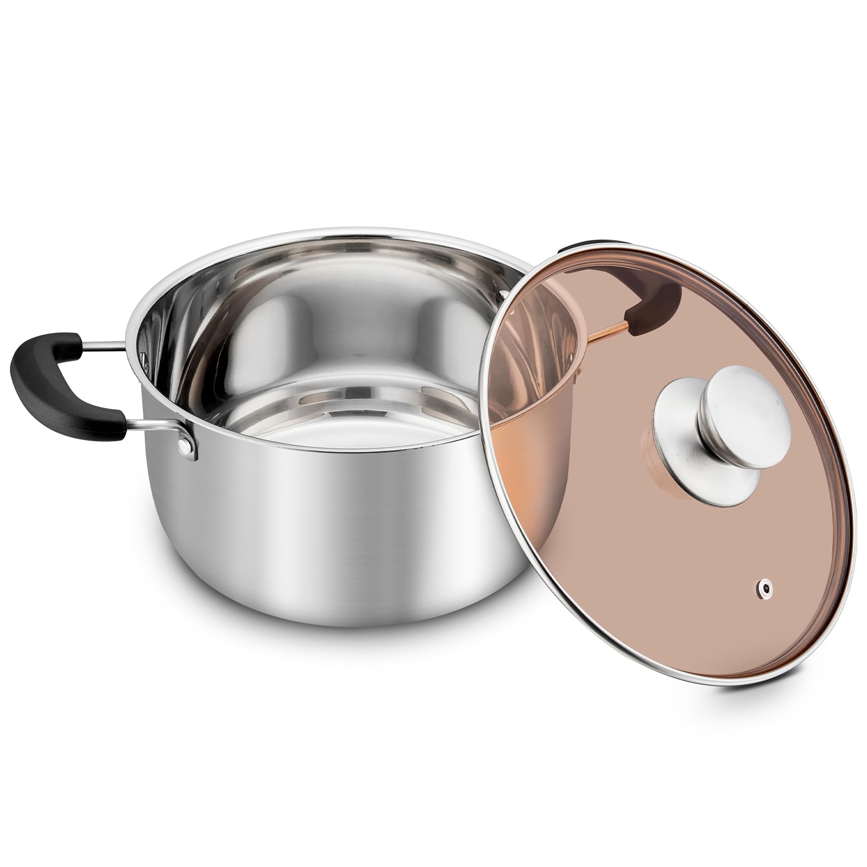**TeamFar 6 Quart Stainless Steel Stock Pot with Lid – Pasta & Soup Cooking Pot, Double Bakelite Heat-Resistant Handles, Tempered Glass Lid – Dishwasher Safe, Non-Toxic, Easy Clean – Perfect for Home Cooking, Meal Prep & Large Gatherings**
