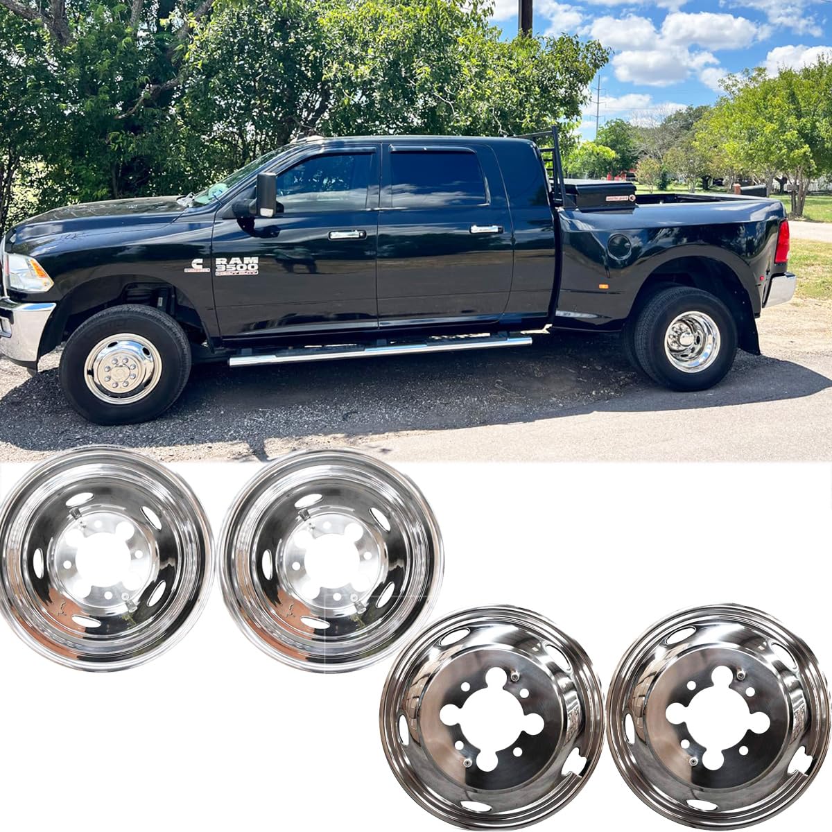 4pcs Polished Stainless Steel Wheel Simulators for 2003-2018 Dodge Ram 3500 Dually - 17