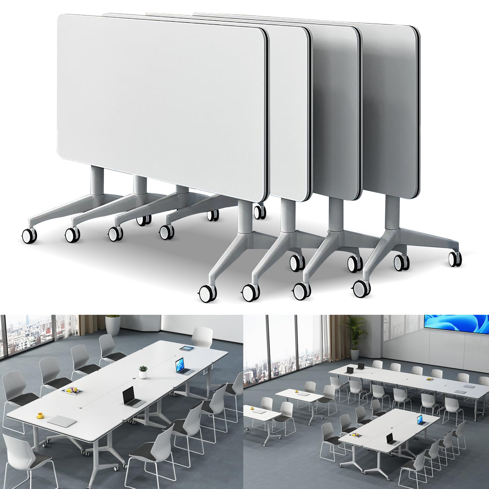 Modern Folding Conference Table with Wheels - Large Mobile Meeting Table for Office, Training & Classroom - White 70.9