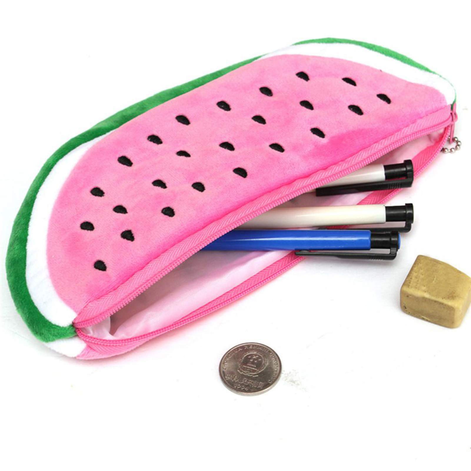 Watermelon Semicircle Plush Pencil Case with Zipper - Red Stationery Organizer for School, Office & Travel Supplies Storage