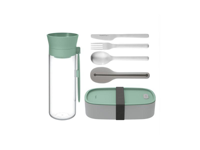 BergHOFF Leo 24oz Insulated Water Bottle with Bento Box & Stainless Steel Flatware Set - Eco-Friendly Lunch Kit for Work, School & Outdoor Activities - Green