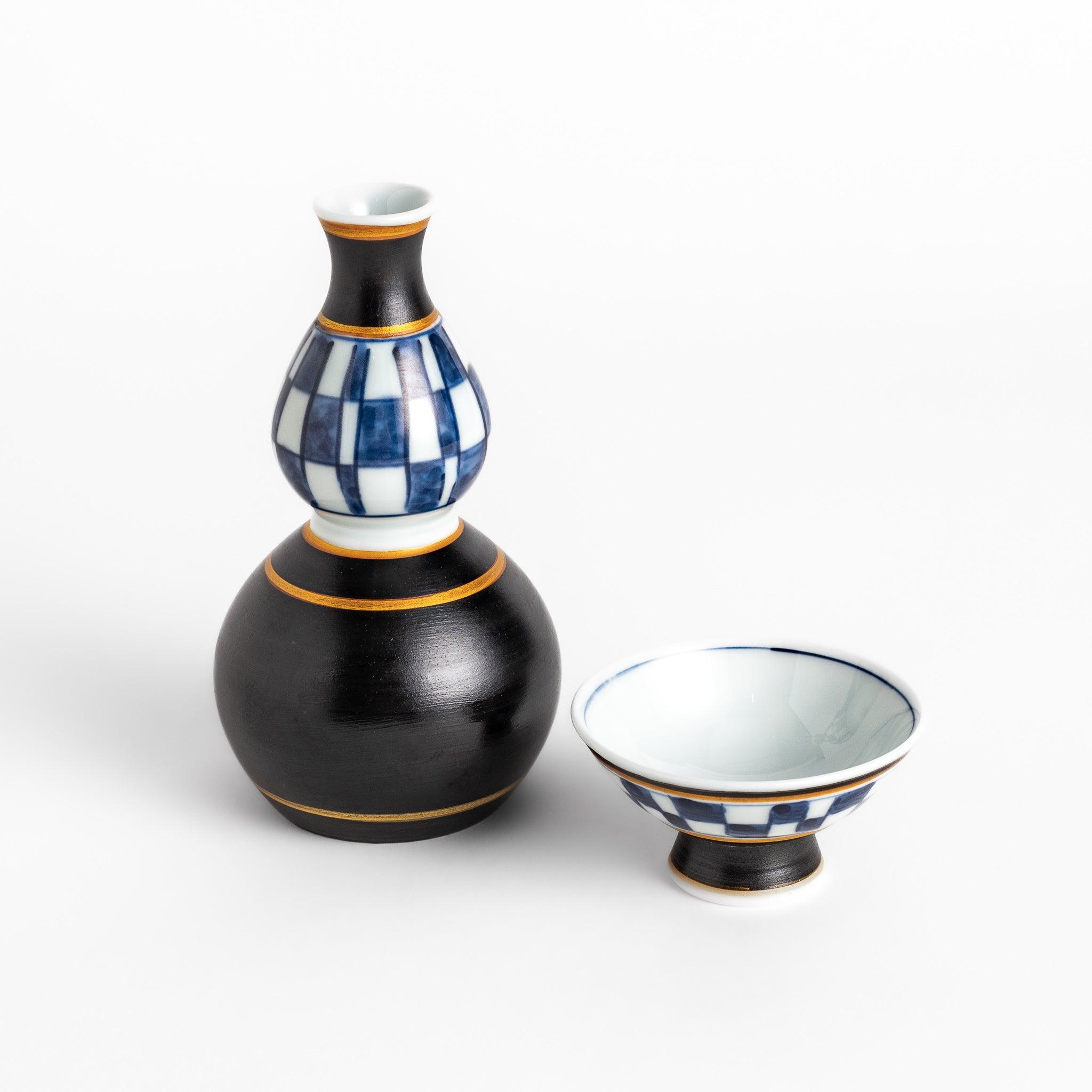 Premium Black Checkered Sake Set - Traditional Japanese Ceramic Sake Bottle and Cups Gift Set - Perfect for Home Entertaining, Asian Dining, and Cultural Celebrations