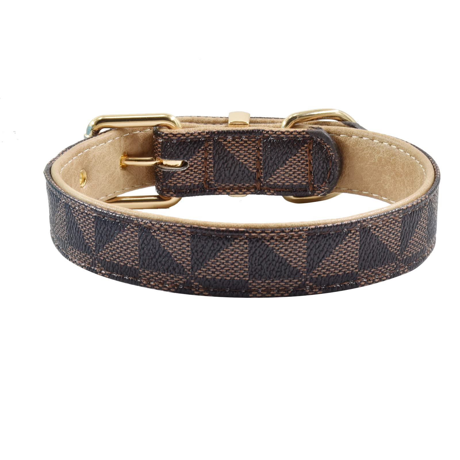 Premium Leather Dog Collar and Leash Set with Check Pattern - Adjustable Metal Buckle for Small, Medium & Large Dogs (Brown, Size S 11.4-13.4IN) - Durable Pet Accessories for Walking, Training & Outdoor Adventures