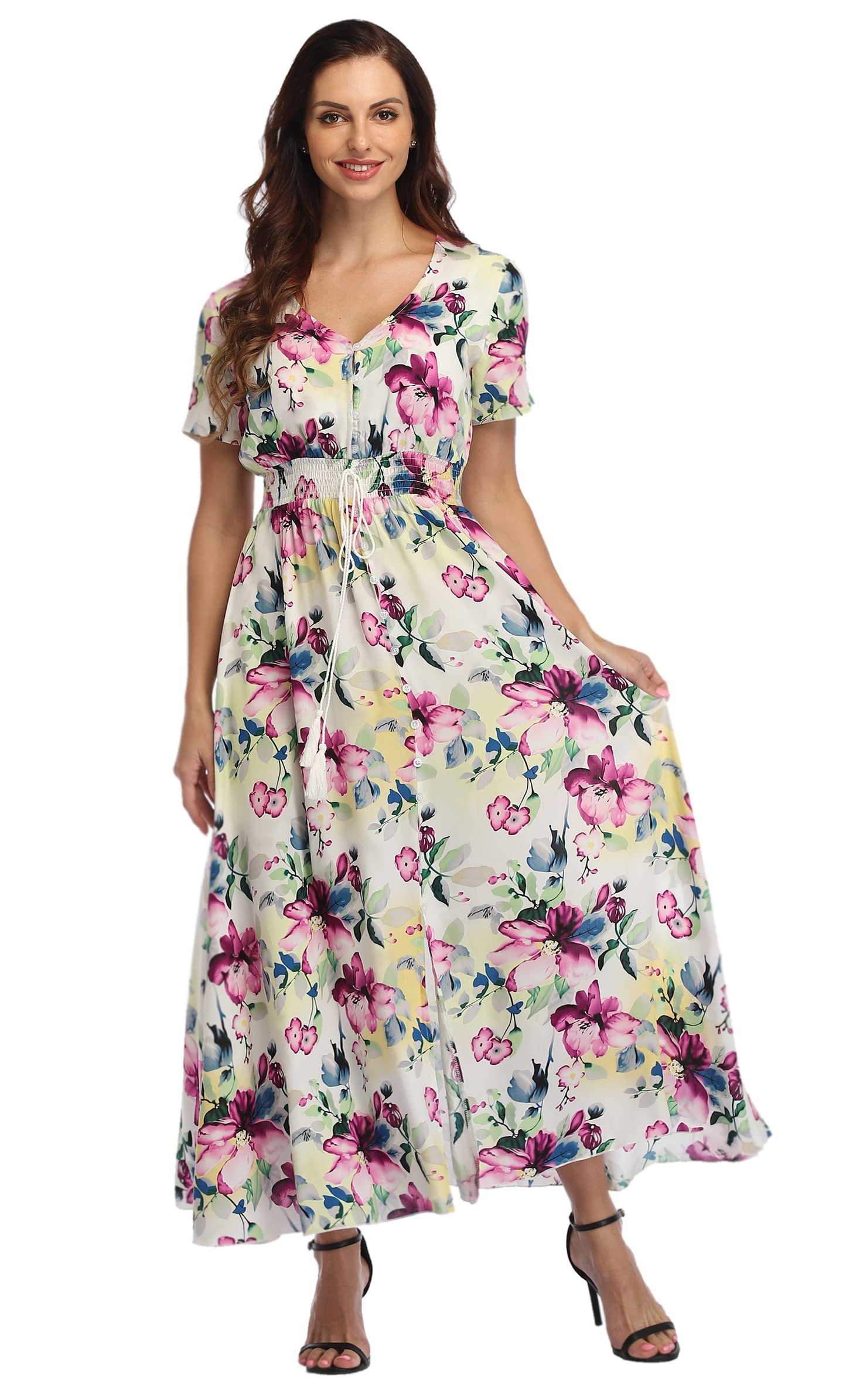 Ferrendo Women's Floral Maxi Dress - Button Up Bohemian Beach Dress with Side Slit | Flowy Summer Party Dress for Vacations, Weddings & Outdoor Events