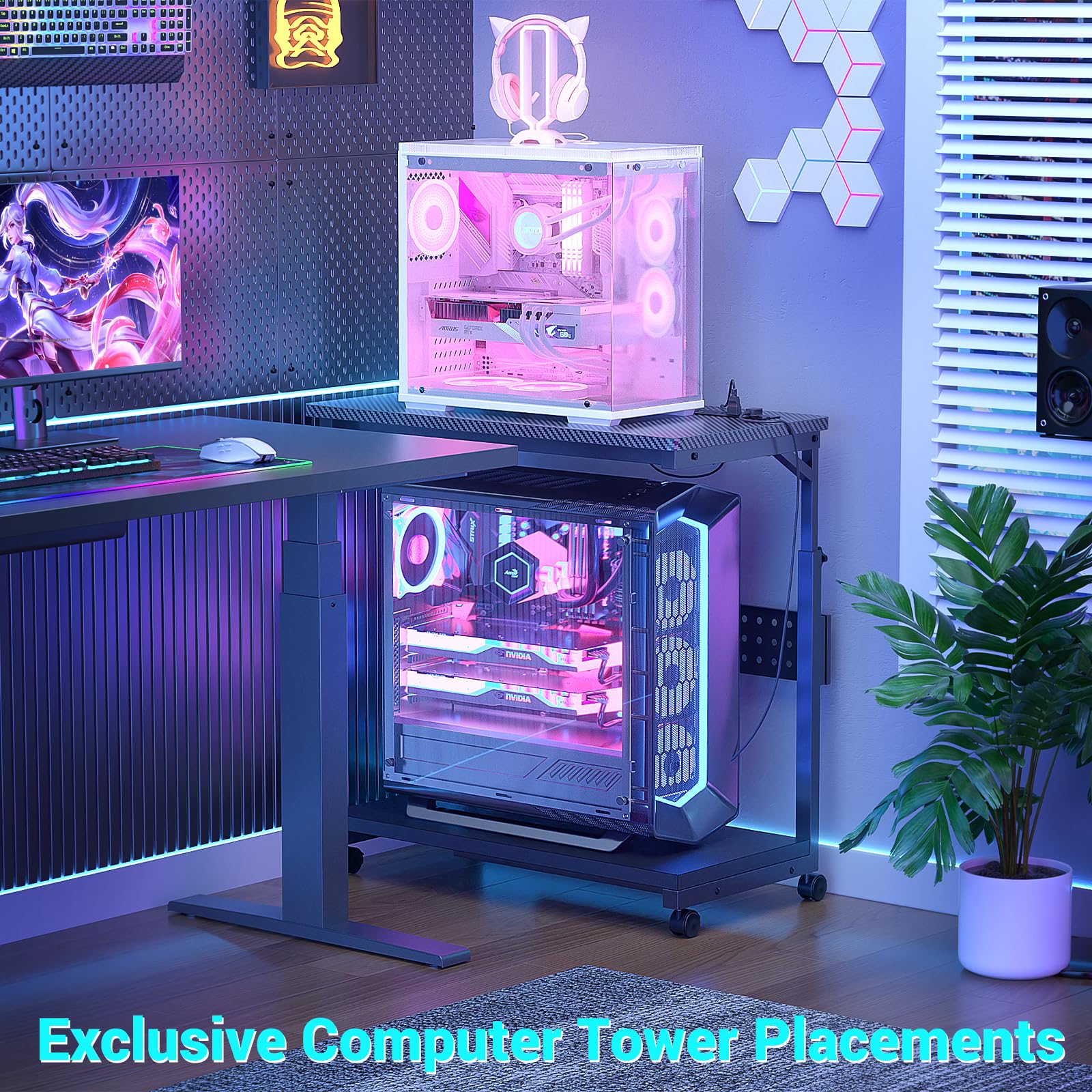 Adjustable Height Rolling Computer Tower Stand with Power Strips - 32