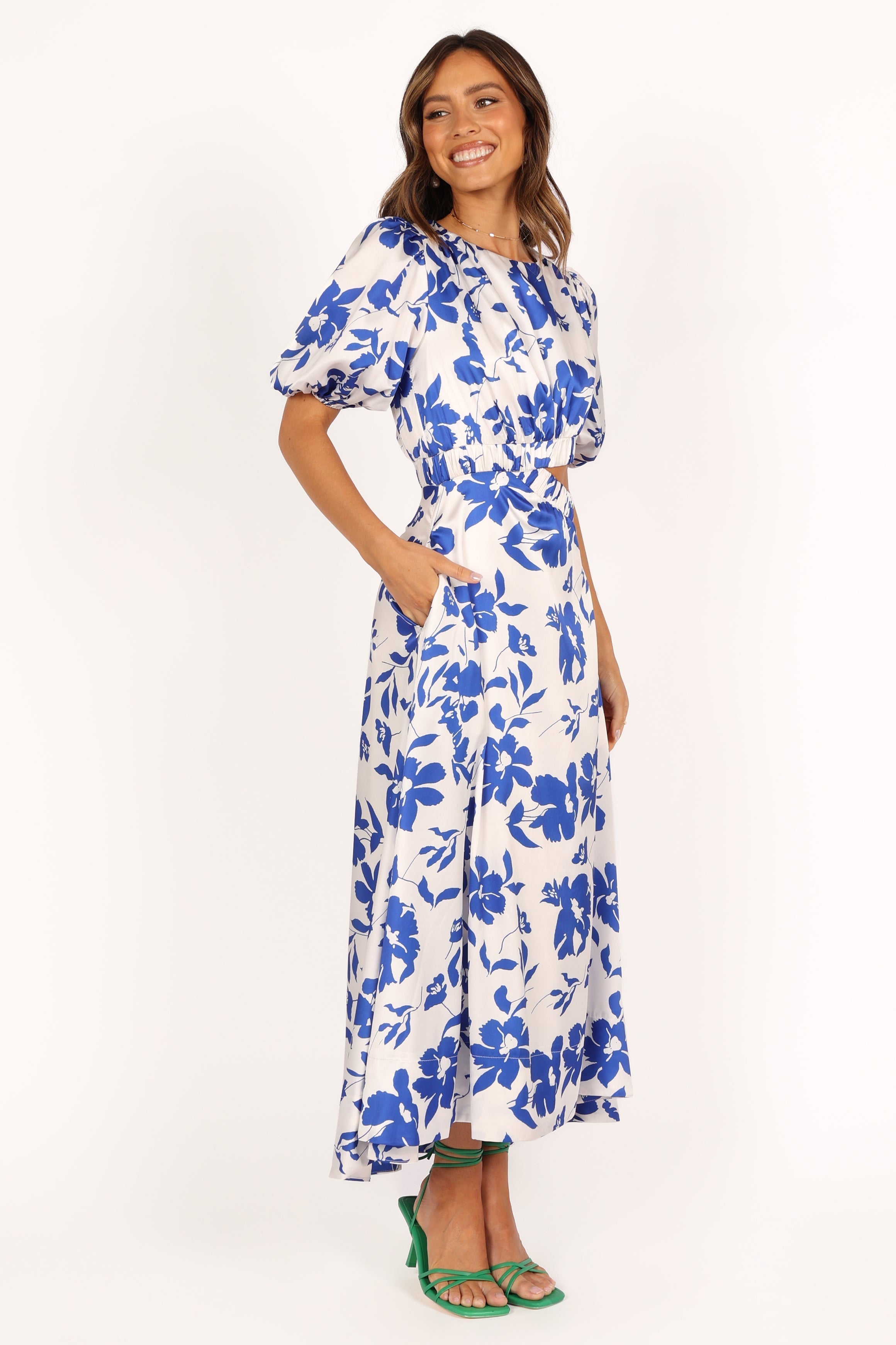 Aminah Women's Floral Puff Sleeve Dress - Blue Floral Print Summer Dress for Casual Wear, Date Night & Outdoor Events