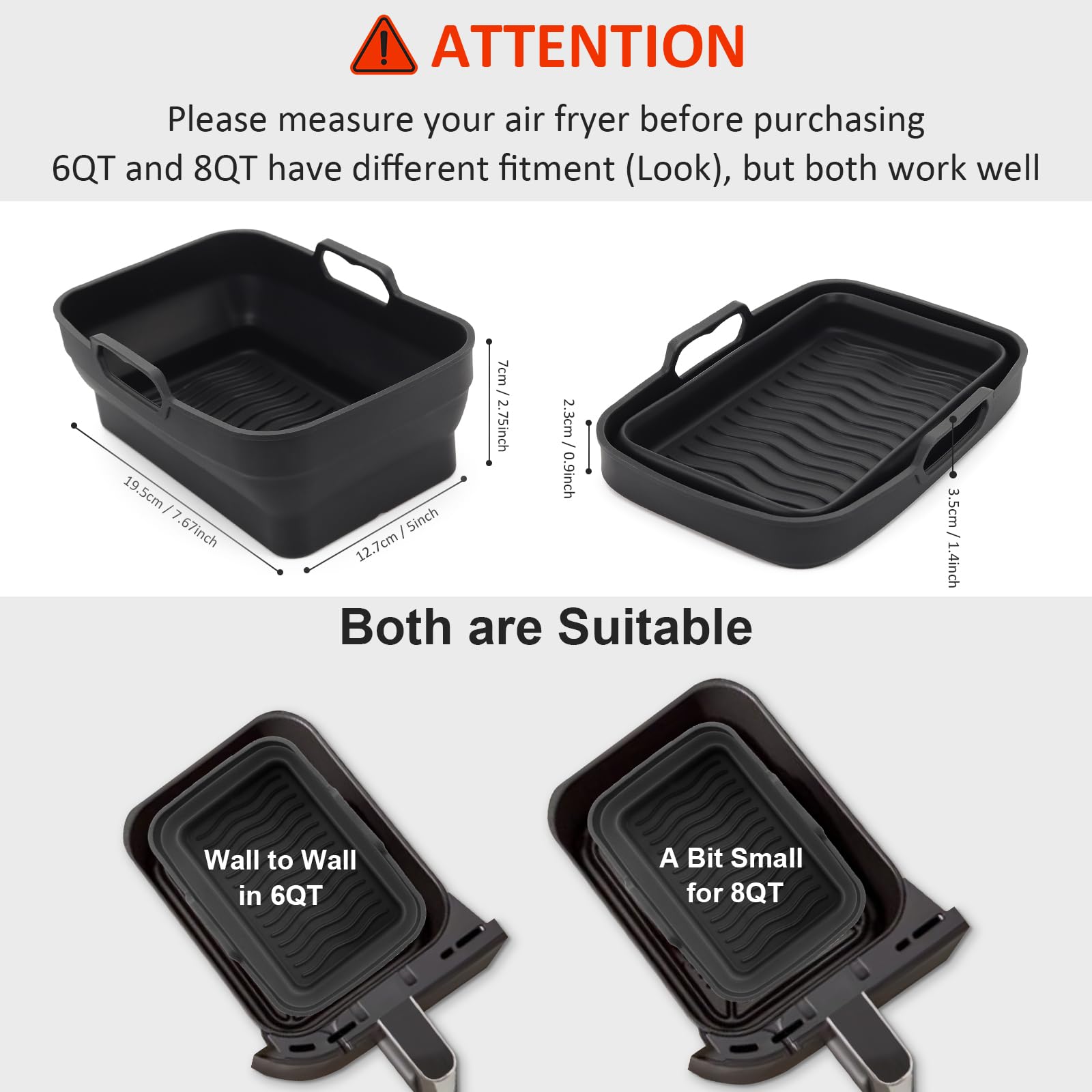 Ninja Foodi Dual DZ090 6QT Air Fryer Silicone Liners - 2 Pack Reusable Non-Stick Basket Bowl & Collapsible Baking Tray - Perfect for Healthy Frying, Roasting & Baking Accessories (Black)