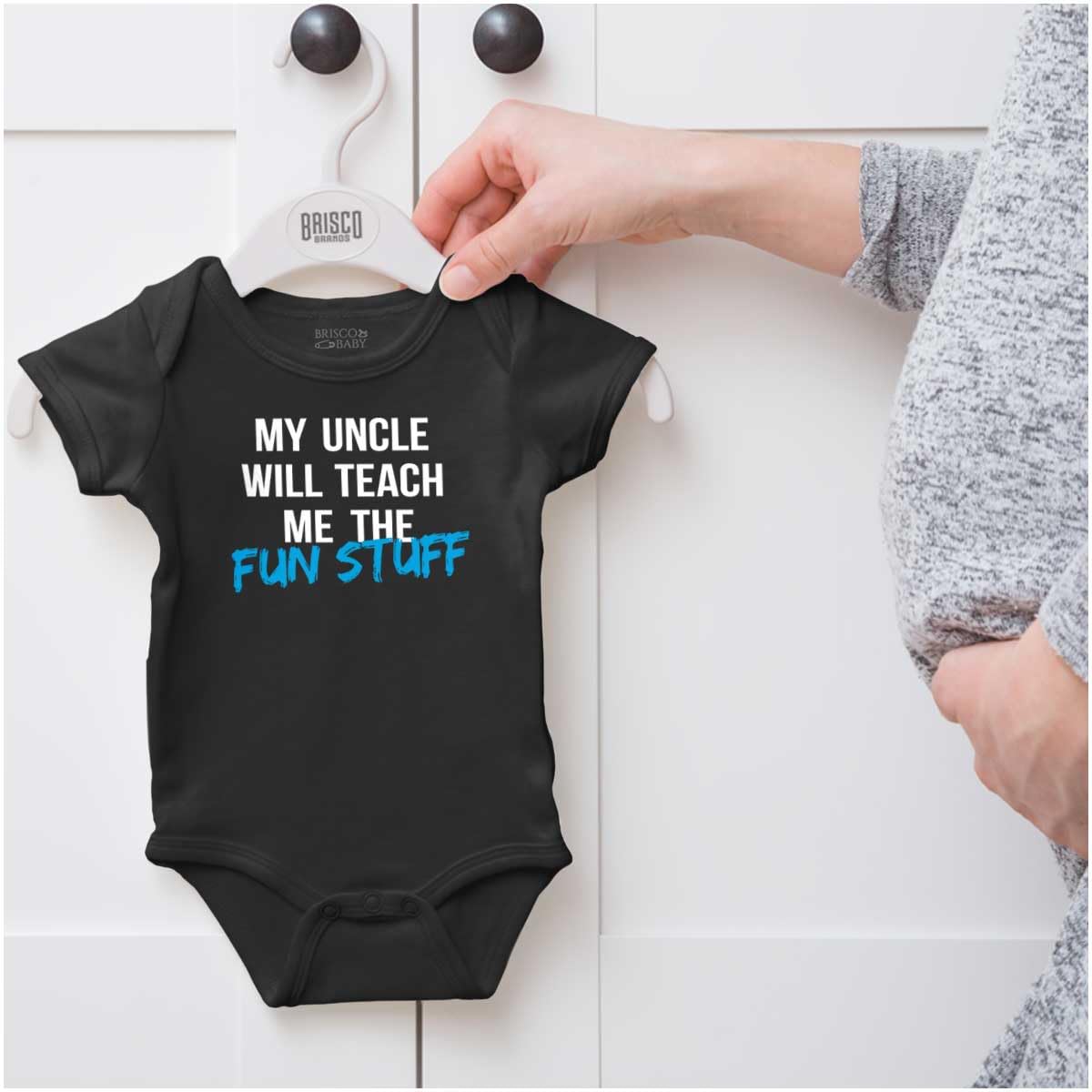 Brisco Brands My Uncle Will Teach Me The Fun Stuff Baby Romper - Cute Unisex Infant Bodysuit for Boys & Girls - Perfect for Playtime, Family Photos & Everyday Outfits