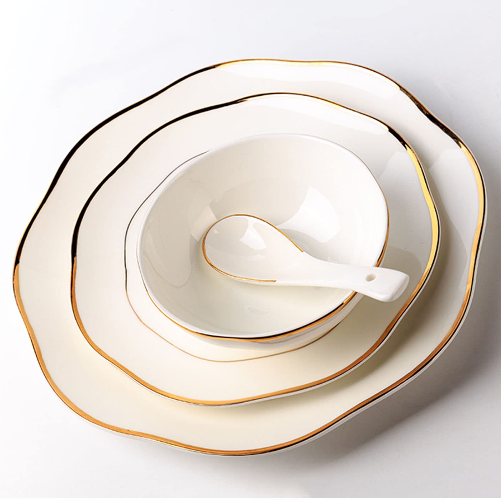 AWJ 16-Piece Bone China Dinnerware Set - Elegant White Porcelain with Gold Trim, Includes Dinner Plates, Soup Bowls & Dessert Plates for Formal Dining & Entertaining - Perfect for Weddings, Dinner Parties & Holiday Gatherings