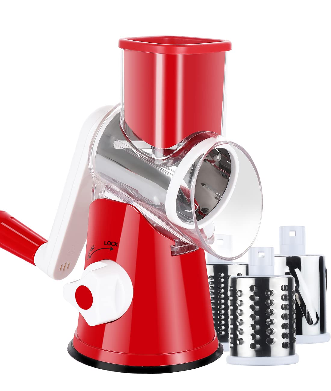 Rotary Cheese Grater Shredder - 3 Interchangeable Blades for Nuts, Carrots, Potatoes & More | Manual Round Mandolin Slicer | Safe Kitchen Grinder for Garlic, Walnuts & Chocolate (Red) | Perfect for Salads, Pasta Toppings & Baking Prep