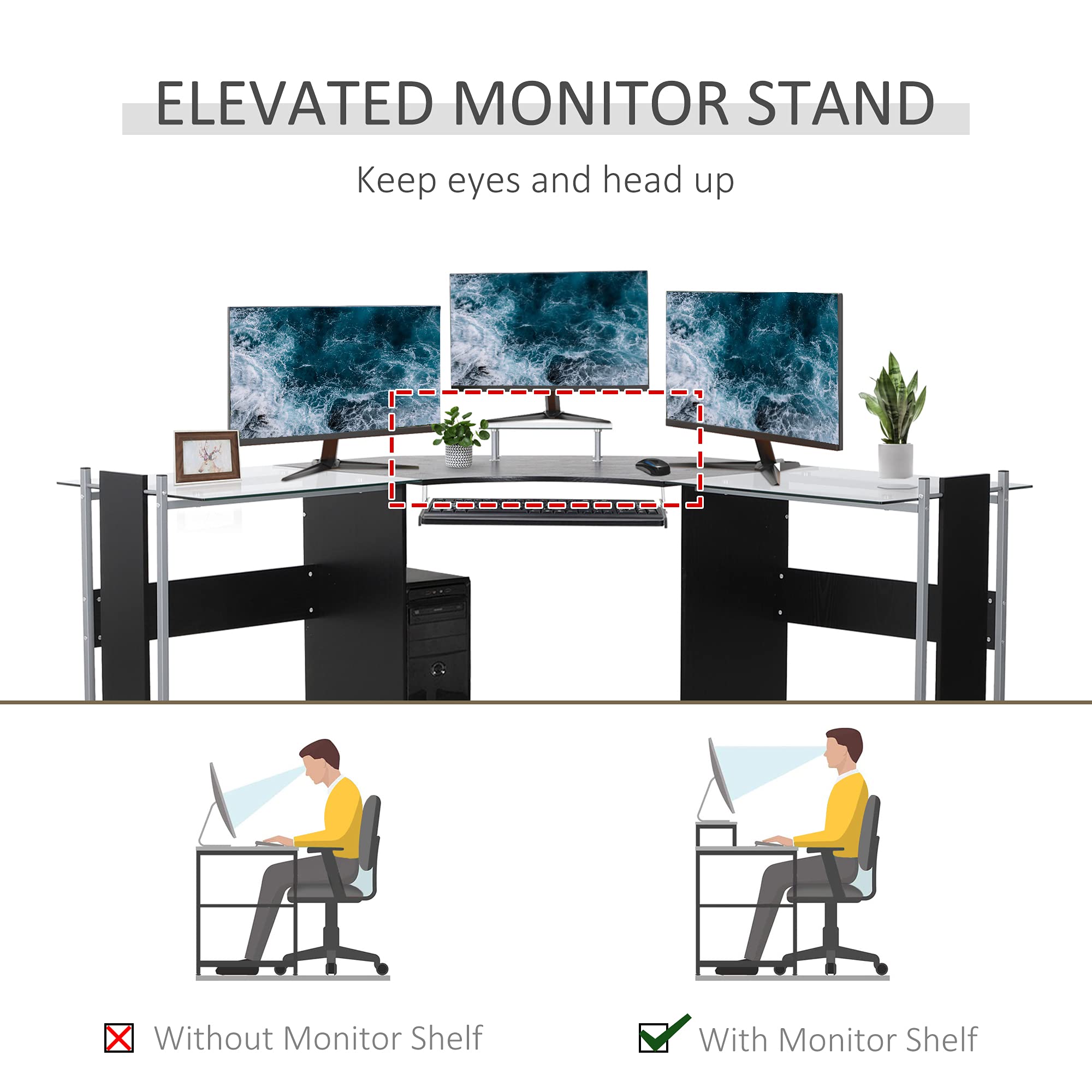 HOMCOM 69 Inch Black Modern L-Shaped Tempered Glass Office Computer Desk with Monitor Stand, CPU Holder, Keyboard Tray & Steel Frame - Perfect for Home Office, Gaming & Workspace Setup