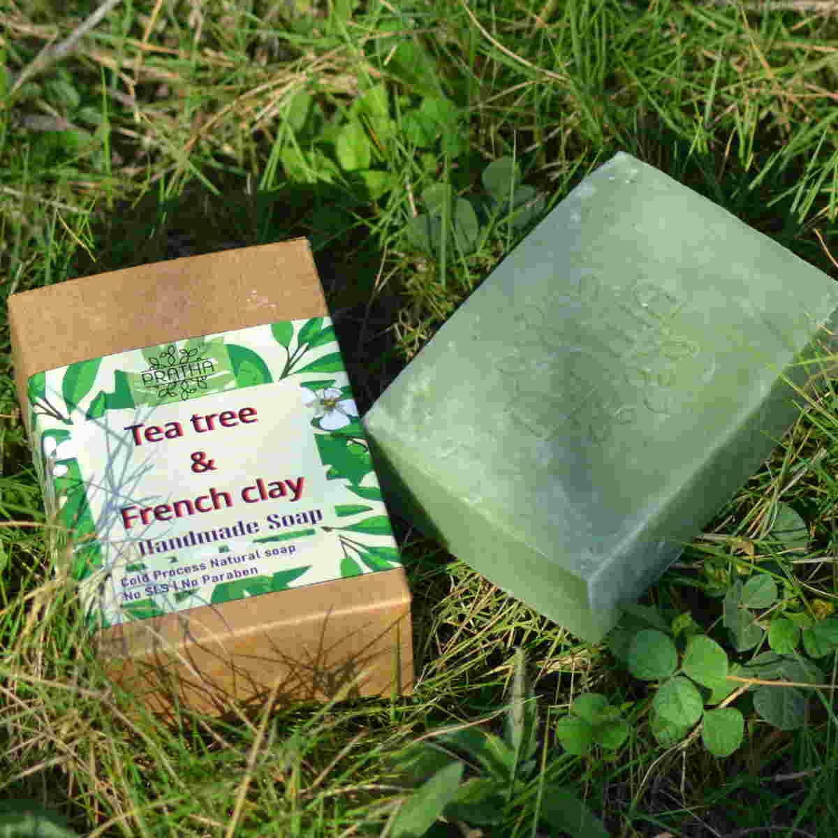 PRATHA Tea Tree & French Clay Handmade Soap Bar - 100% Natural, Cold Process, Vegan, for Acne & Oily Skin - Pack of 2 (100g Each) - Perfect for Daily Face & Body Cleansing, Spa & Self-Care Routine