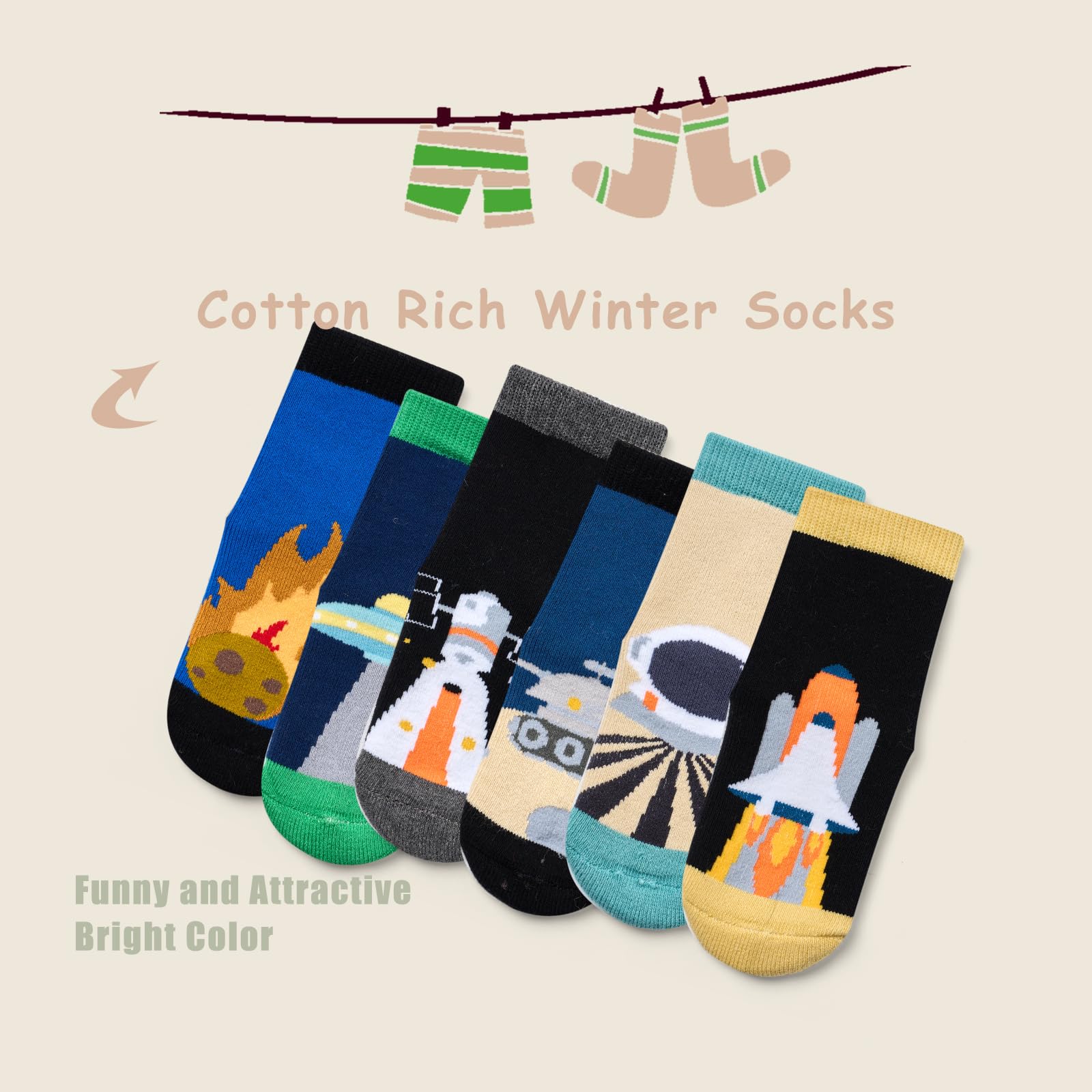 Boys Winter Socks 6 Pack - Warm Thermal Crew Socks for Kids Outdoor Activities