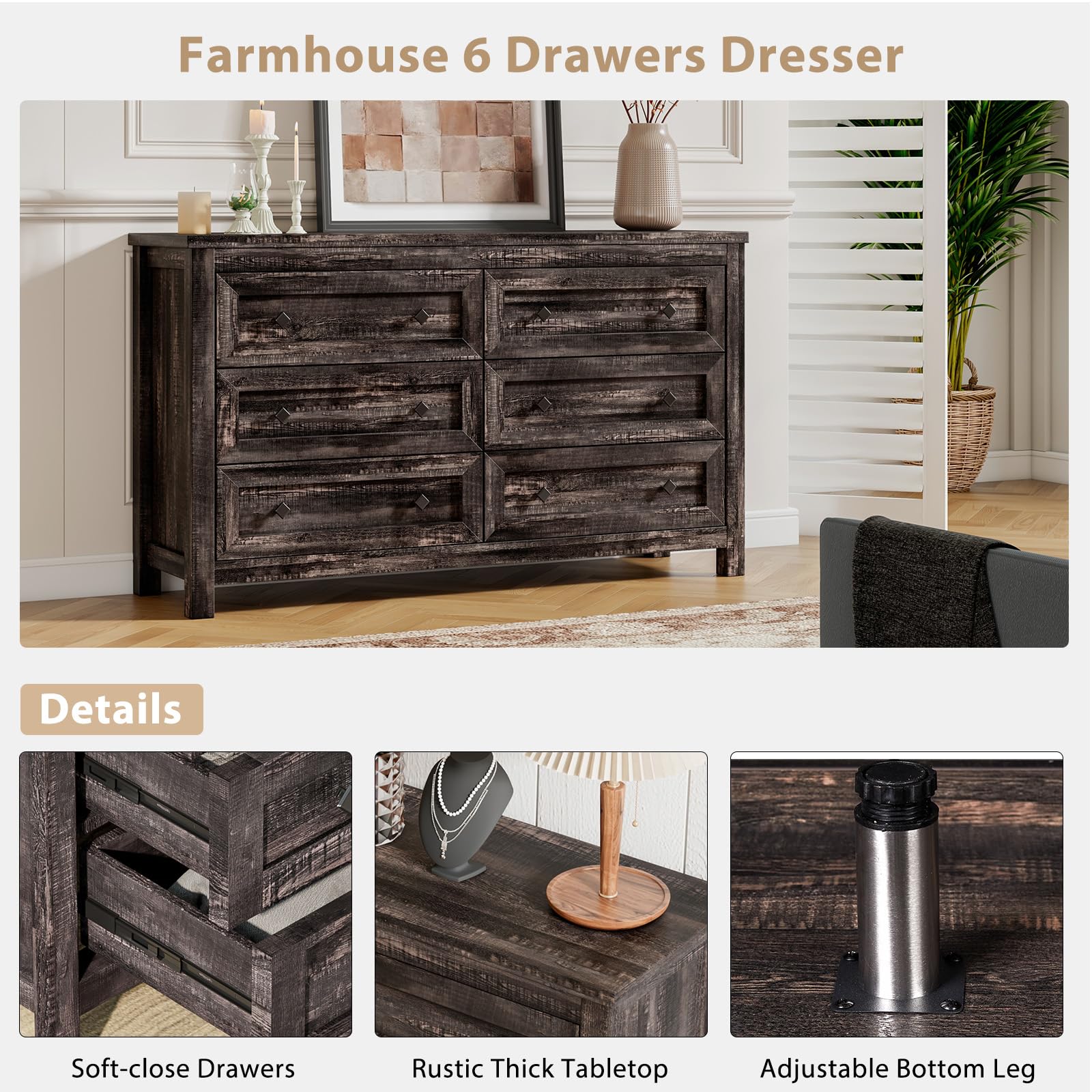 4-Piece Farmhouse Bedroom Furniture Set - Rustic Oak Wood Dresser (6-Drawer & 5-Drawer) with 2 Nightstands (Charging Station) - Dark Brown Farmhouse Style Bedroom Decor for Master Bedroom, Guest Room & Cozy Cabin Retreat