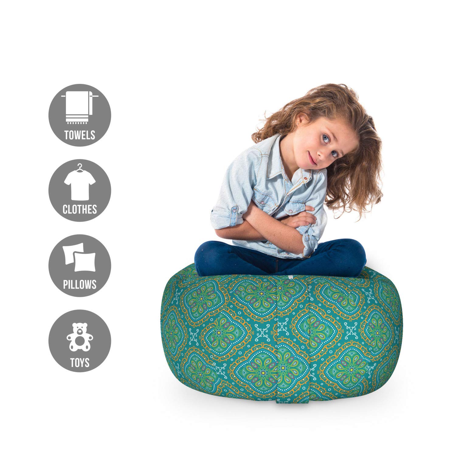 Ambesonne Oriental Storage Toy Bag Chair - Traditional Mandala & Paisley Pattern, Washable Stuffed Animal Organizer, Small Teal & Multicolor - Perfect for Kids' Room, Nursery, or Playroom Organization