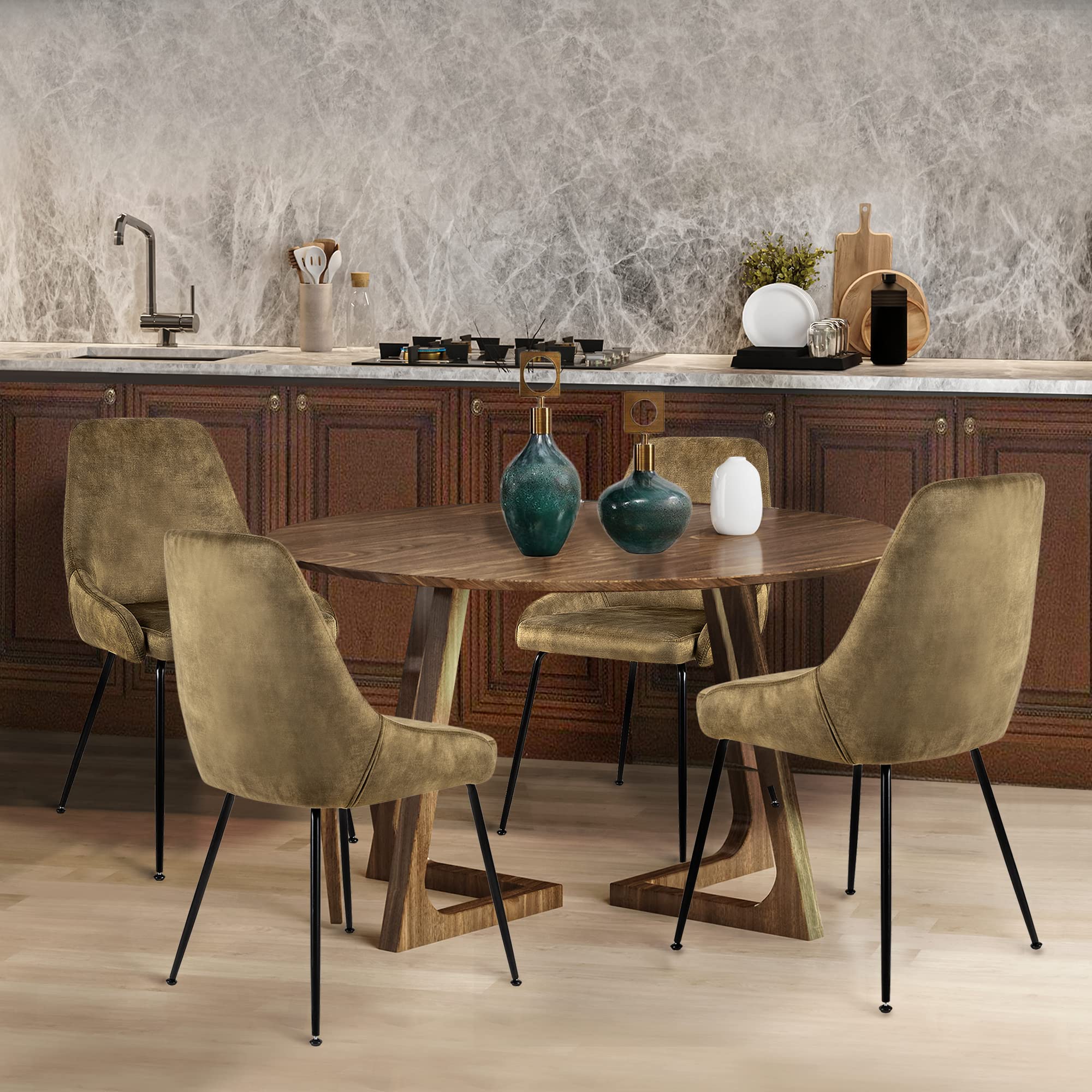 LEEJAY Olive Green Velvet Upholstered Dining Chairs Set of 6 - Mid-Century Modern High Back Kitchen Chairs with Metal Legs for Dining Room, Living Room & Office | Comfortable Seating for Family Meals, Entertaining Guests & Home Decor