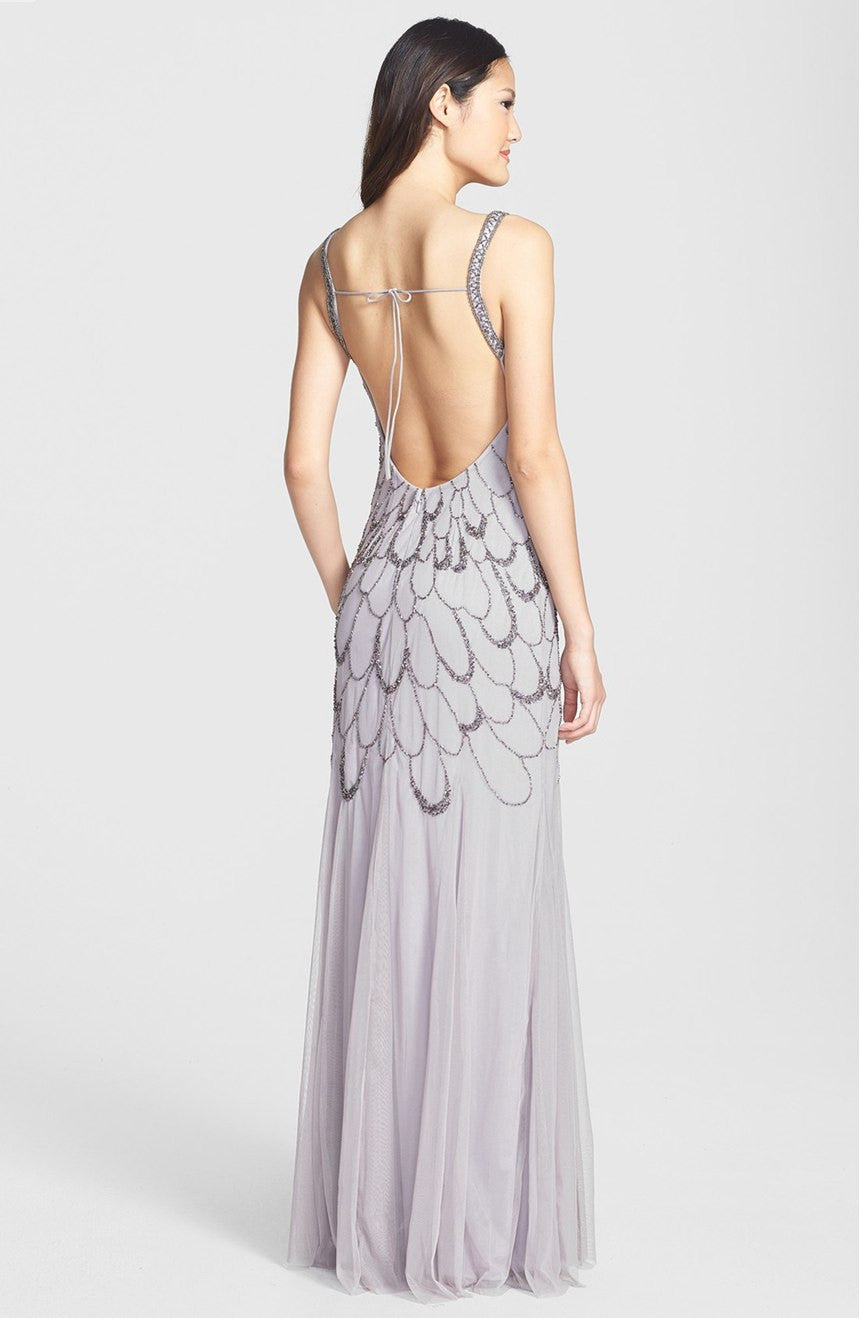 Adrianna Papell Beaded Backless Mesh Art Deco Evening Gown in Heather Grey - Perfect for Prom, Gala, and Formal Events
