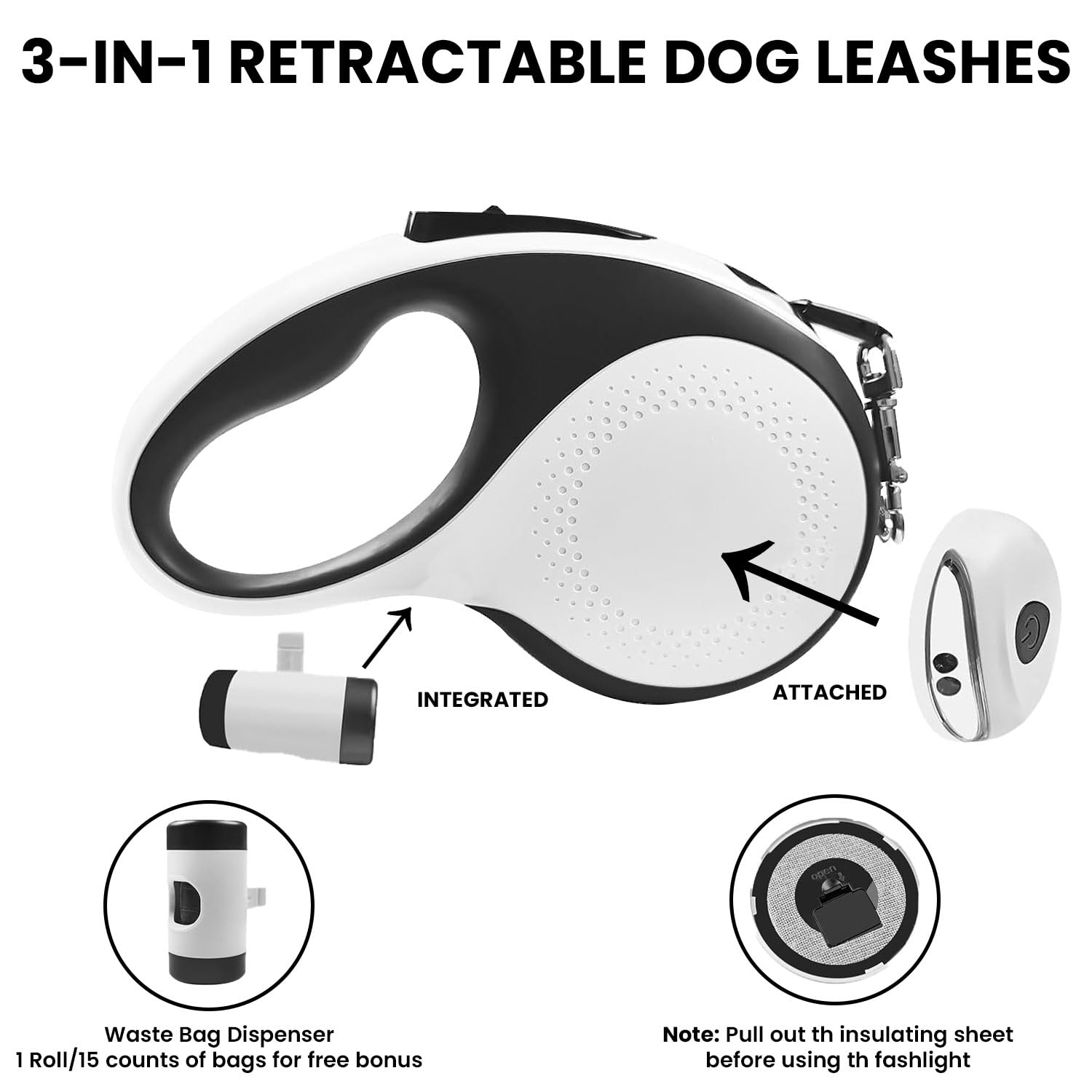 Best Retractable Dog Leash for Large Dogs up to 110lbs - 26ft Heavy Duty Pet Leash with Poop Bag Dispenser & LED Flashlight, One-Button Brake System (White) - Perfect for Walking, Jogging & Nighttime Safety with Your Medium to Large Breed Dog