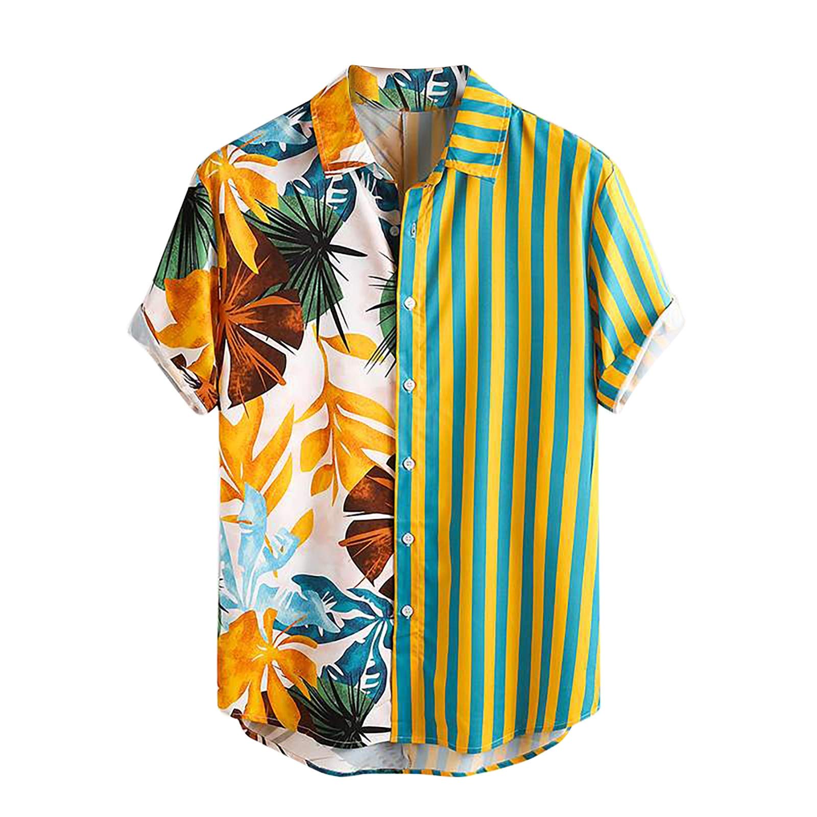 Men's Single-Breasted Print Hawaiian Shirt - Casual Patchwork Lapel Shirt, Loose Fit Black Tee for Summer Beach Vacation & Tropical Party Outfits