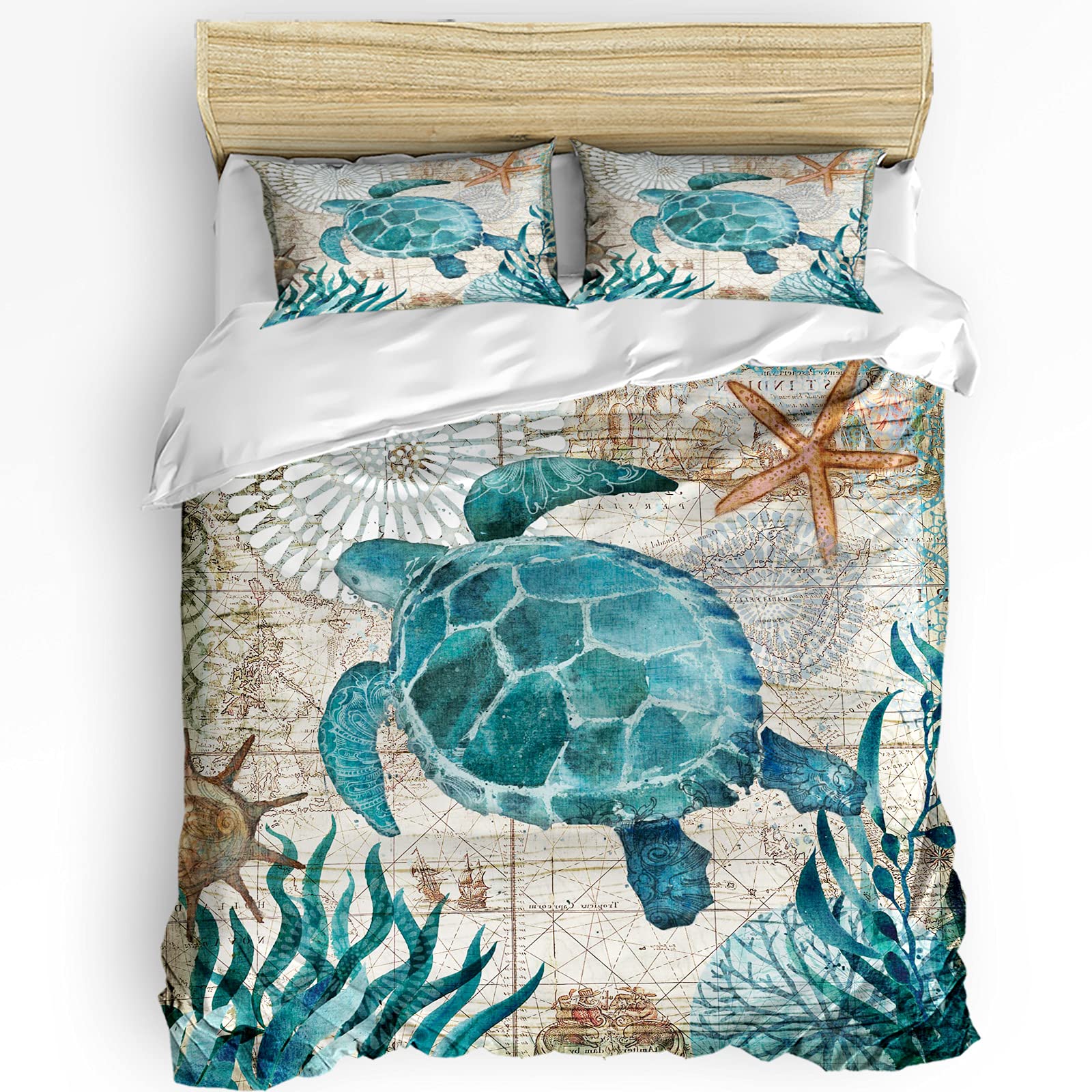 Funy Decor Sea Turtle & Starfish Duvet Cover Set - 3 Piece California King Bedding with Zipper Closure | Retro Marine Organism Design | Perfect for Beach House, Coastal Decor & Ocean-Themed Bedrooms