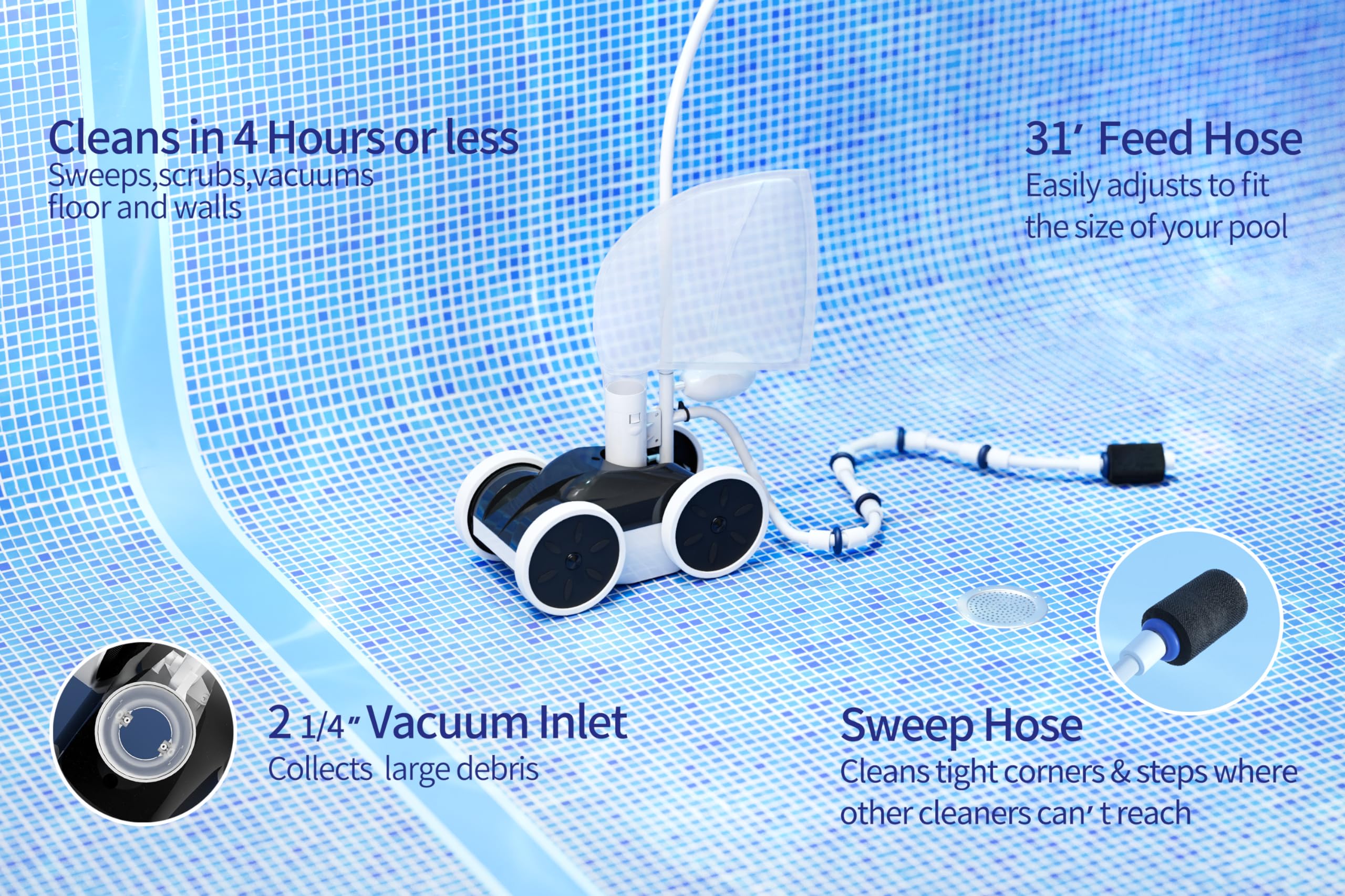**Pool Pressure Side Sweeper - 4-Wheel Professional Swimming Pool Cleaner for Efficient Debris Removal | Ideal for In-Ground & Above Ground Pools**