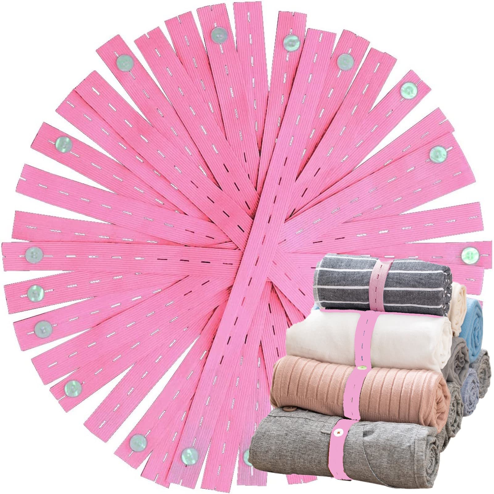 20Pcs Elastic Storage Bands with Buttonholes - Space Saving Closet Organizer for Bed Sheets, Blankets, Comforters & Sweaters | Drawer & Wardrobe Organization System | Perfect for Home, Travel & Laundry Storage (Pink)